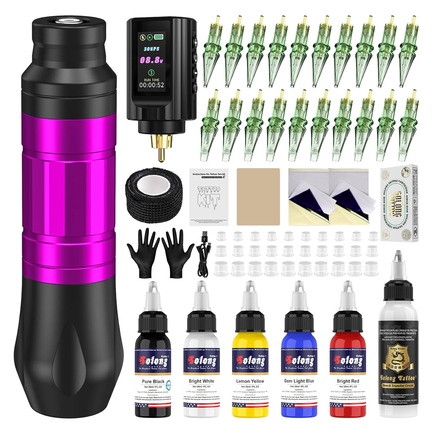 Tattoo Kit Tattoo Pen with Tattto Battery and 20 Pcs Tattoo Cartridge Needles, Tattoo Ink Set, Complete Tattoo Supplies for Beginners and Artists NA-TK-P704KITA-8