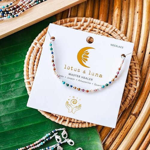Miniatura 2 de Lotus and Luna Collar delicado curativo de chakras energéticos de 0.079 pulgadas con piedras reales, jade, perla, cuarzo rosa, amatista, piedra lunar