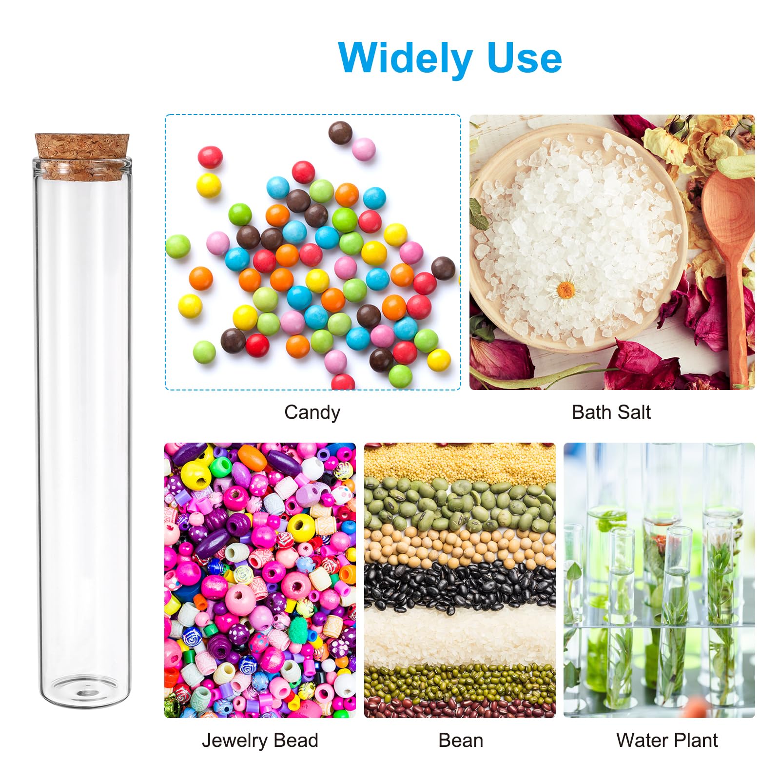 PATIKIL Tubos de ensayo de 90 ml, 24 unidades, 6,69 x 1,18 cm, cristal transparente, fondo plano, tubo de ensayo, recipiente con tapón de corcho para perlas, fiestas, dulces, sales de baño