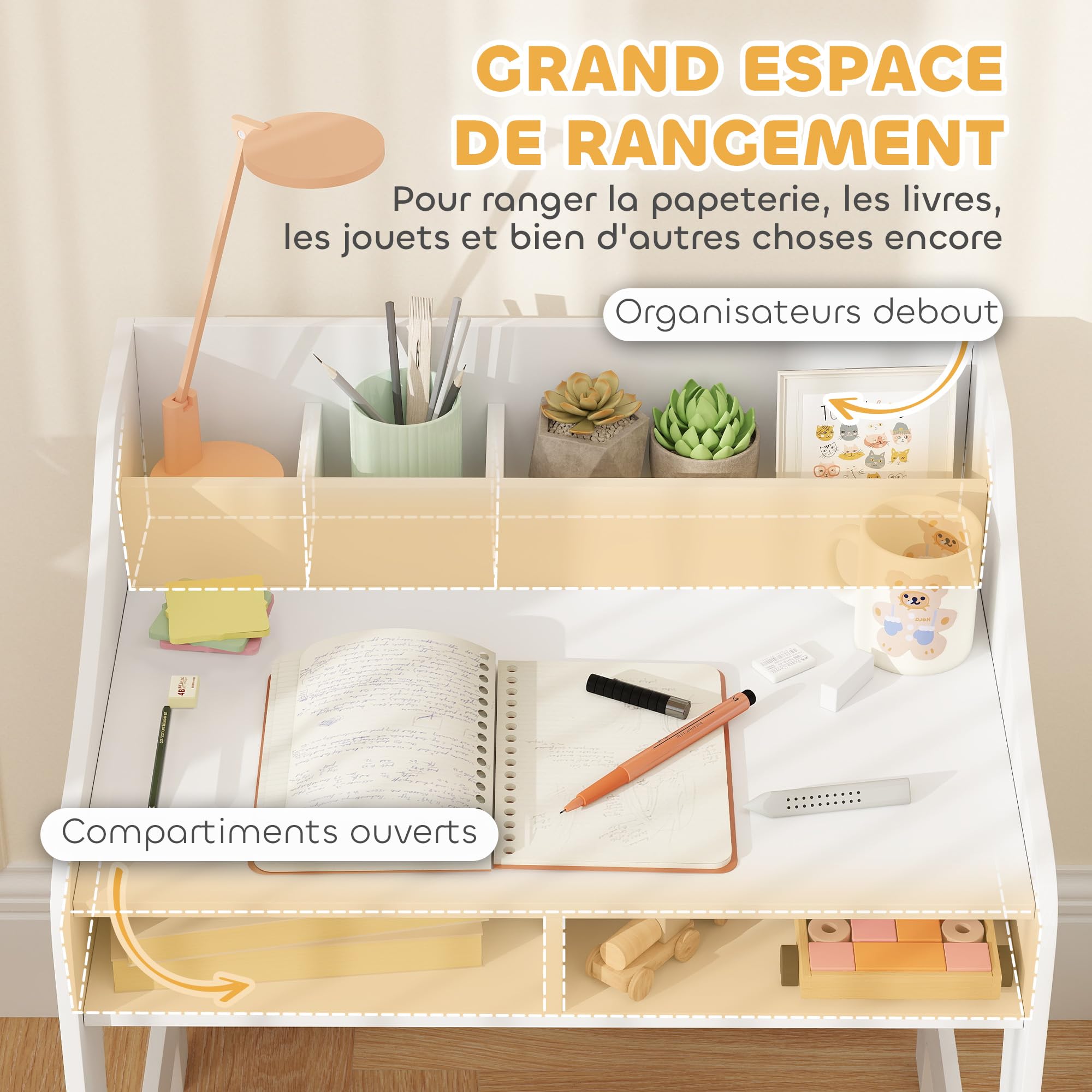AIYAPLAY Conjunto de Escritorio y Silla para Niños de 3 a 8 Años con Compartimentos Abiertos y Estantes para Dormitorio, Sala de Juegos, Habitación, Blanco