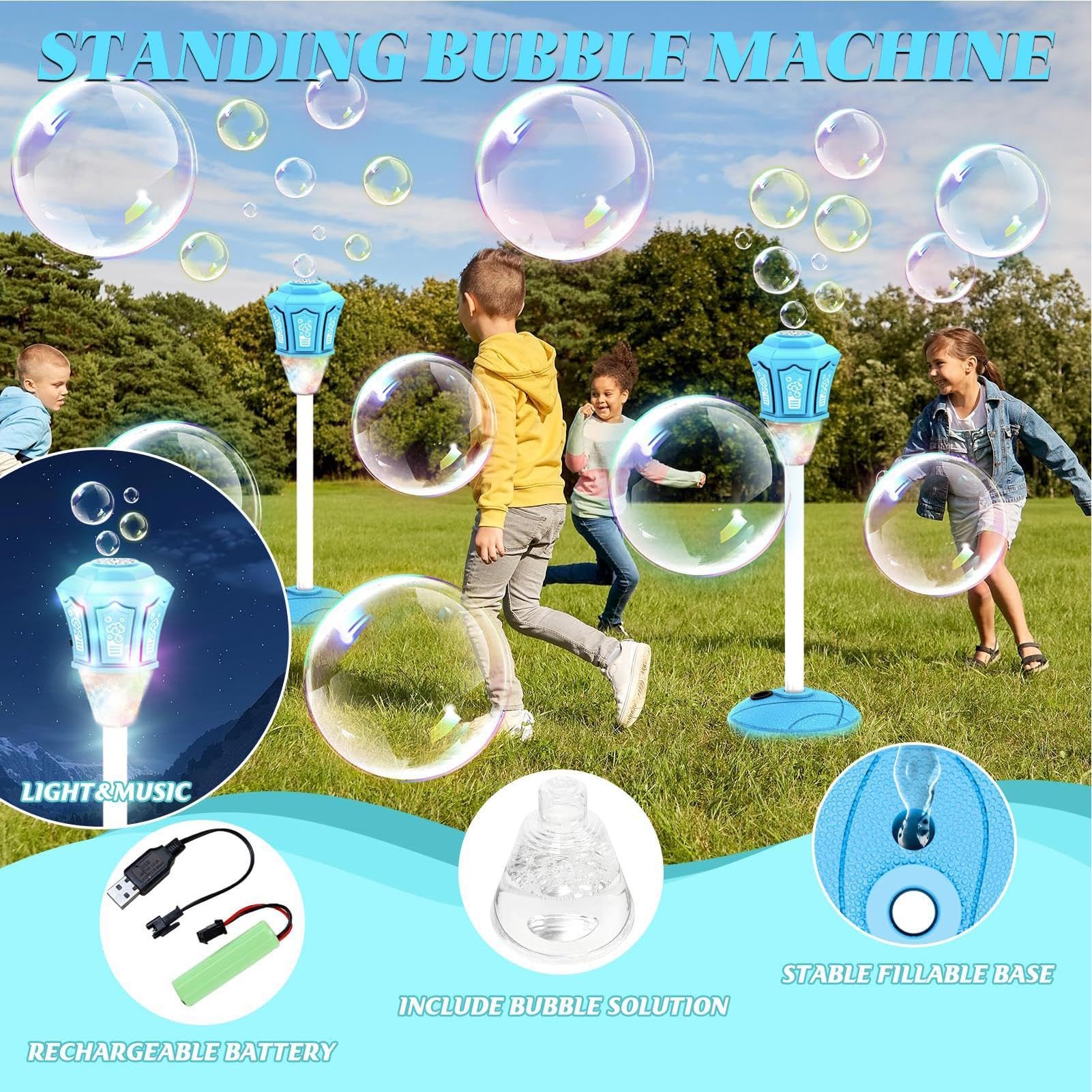 Macchina Bolle di Sapone in Piedi Con E Musica Estivo Da Esterno | Macchina Delle Bolle Regolabile In Altezza 53-119 cm Per Bambini Per Bambini E Bambine Estivo All'Aperto Prato Giardino