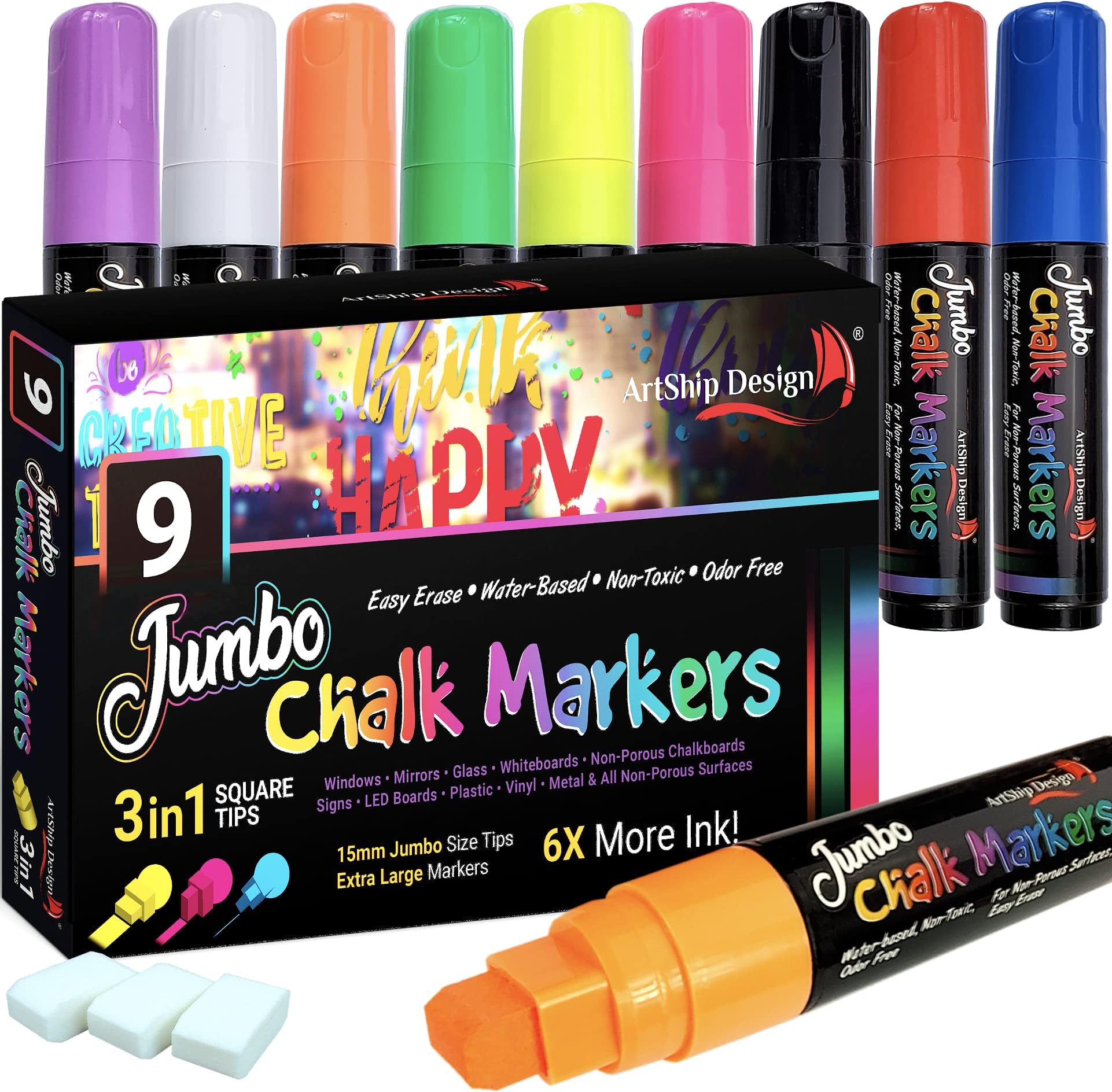 ArtShip Design 9-Piece Jumbo Chalk Marker Set - 15mm Square Tip, Water-Based, Wet Erasable, Non-Porous Surfaces, Classrooms, Mirrors, Windows, White Boards, LED Signs, Plastic, Metal
