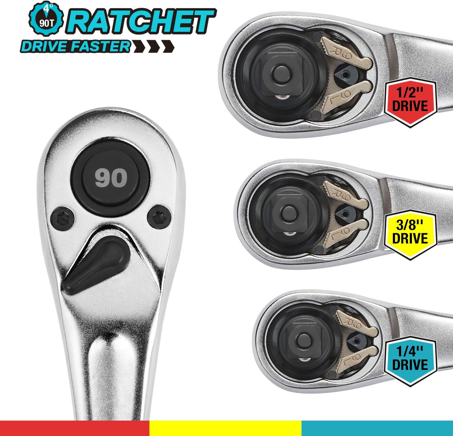 3-Piece Heavy Duty Ratchet Set, 1/4", 3/8", 1/2" Drive, 90-Tooth, Quick-release Reversible, CR-V, with EVA Organizer