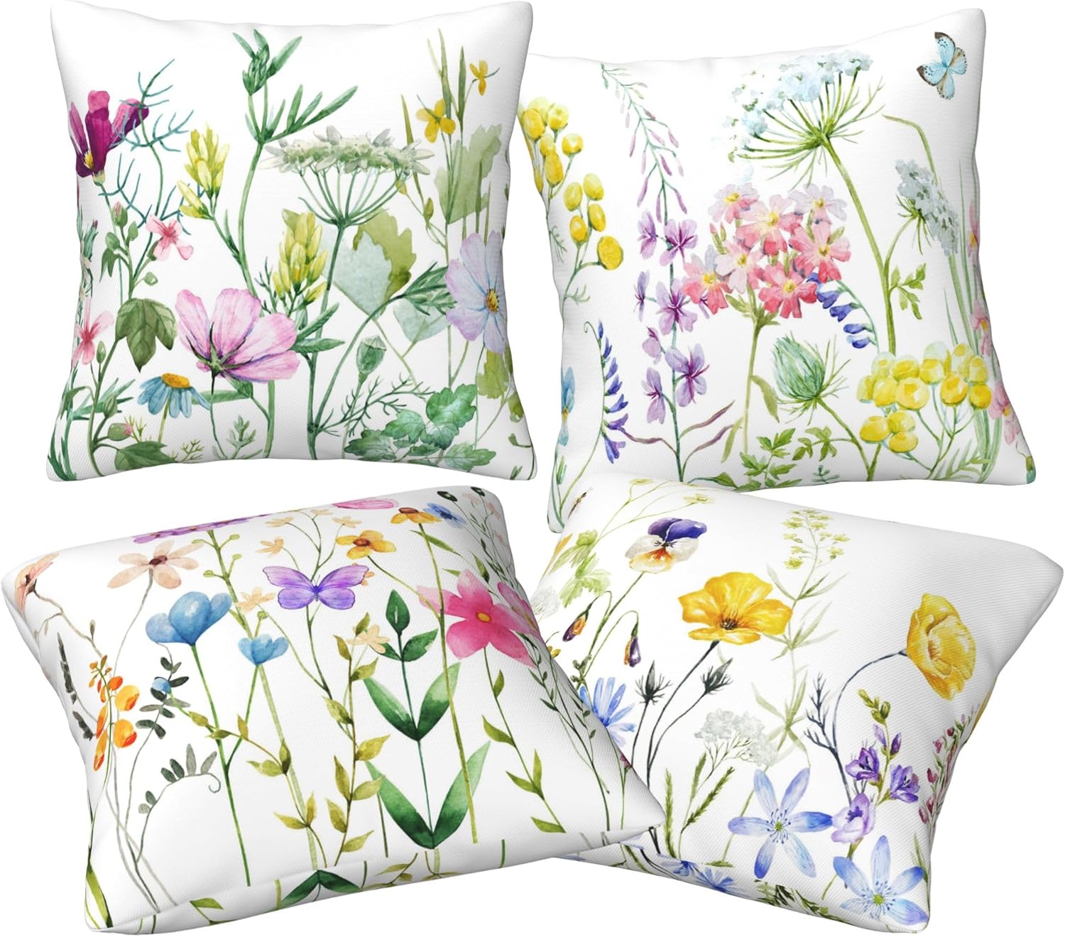 Summer Colorful Flowers Pillow Covers 18×18 Set of 4 Linen Pillowcase Spring Wildflowers Throw Pillows Winter Farmhouse Holiday Decor Cushion Covers for Couch Sofa Bedroom Living Room