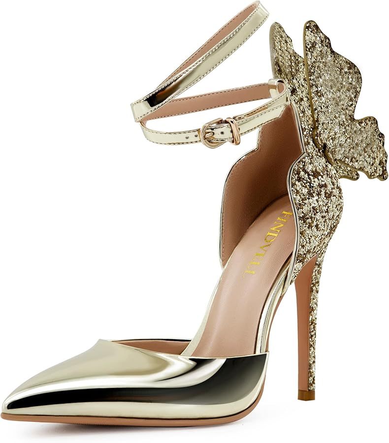 FINDVELL Gold High Heels Butterfly Back Sexy Stiletto Pumps Closed Toe Sparkly Ankle Strap Heels Sandals Dress Shoes for Women