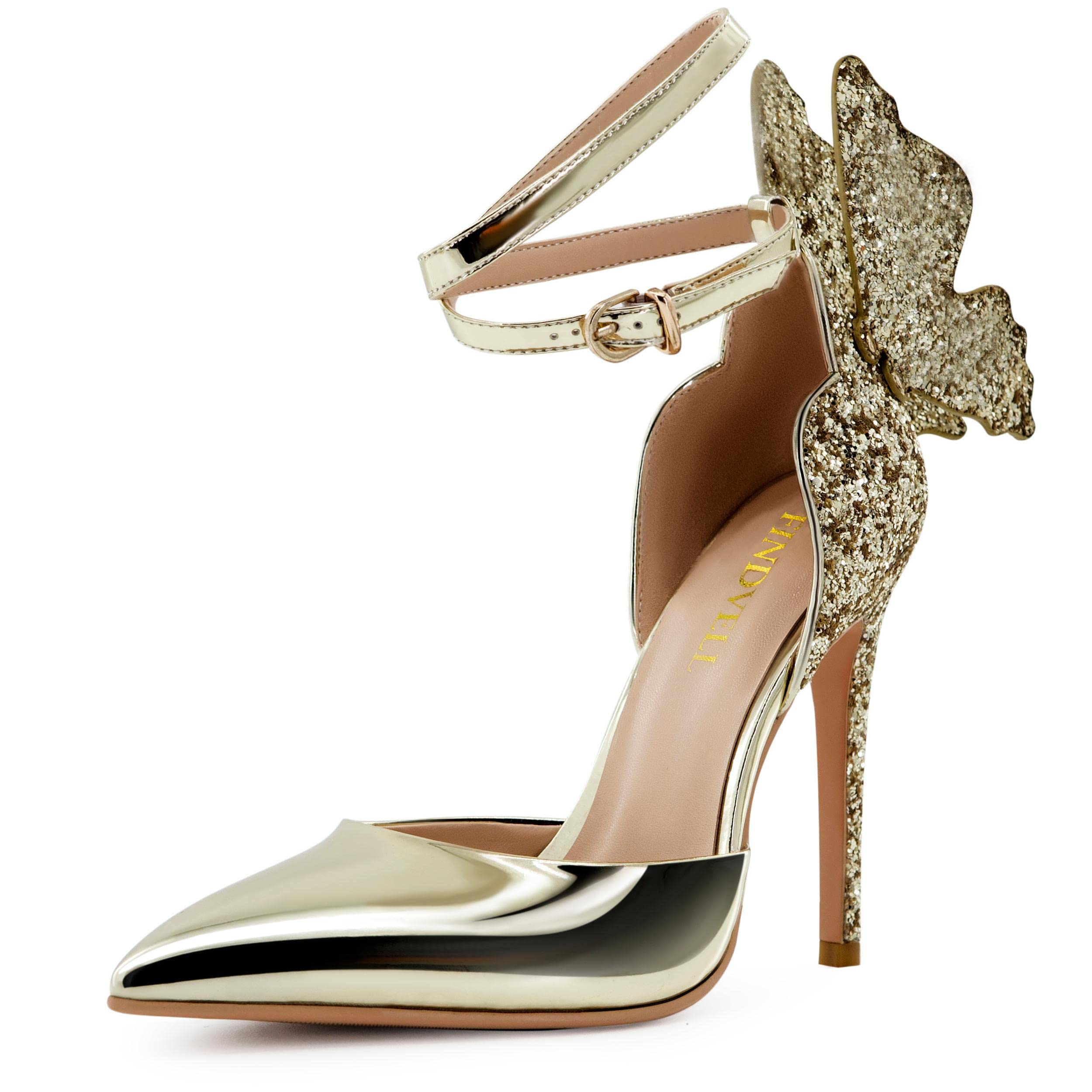 FINDVELL Gold High Heels Butterfly Back Sexy Stiletto Pumps Closed Toe Sparkly Ankle Strap Heels Sandals Dress Shoes for Women Size 7