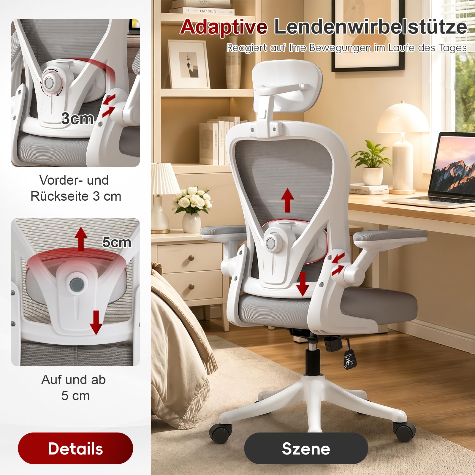 Ergonomischer Bürostuhl für Homeoffice, Schreibtischstuhl mit Verstellbarer Lendenstütze & Kopfstütze, Netzstuhl mit klappbaren Armlehnen, Computerstuhl für Büro, Lernen und Gaming, Grau