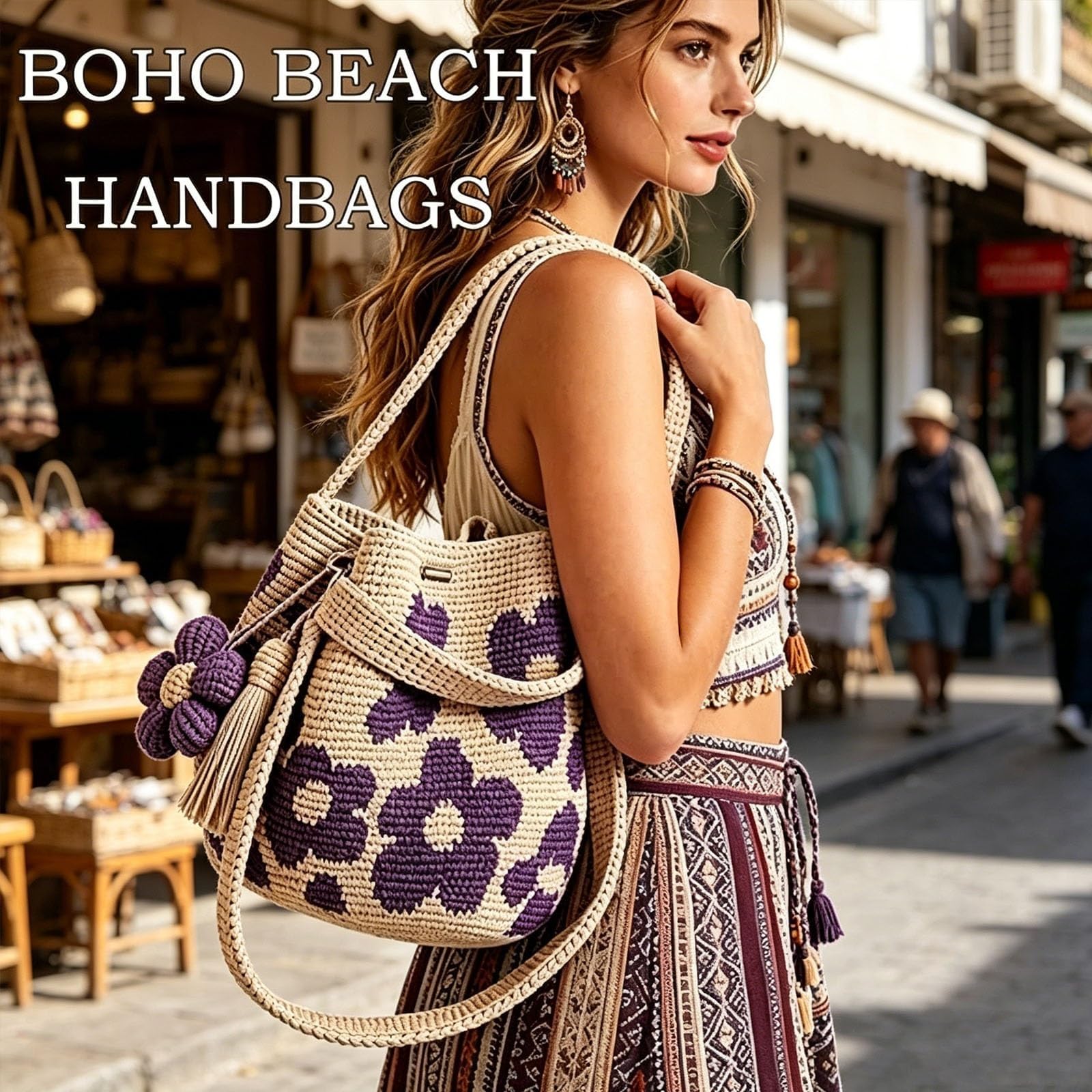 Handmade Crochet Flower Tote Bag, Boho Knit Floral Purse Bag Gifts, 2026 Summer Crochet Purses for Women Vacation