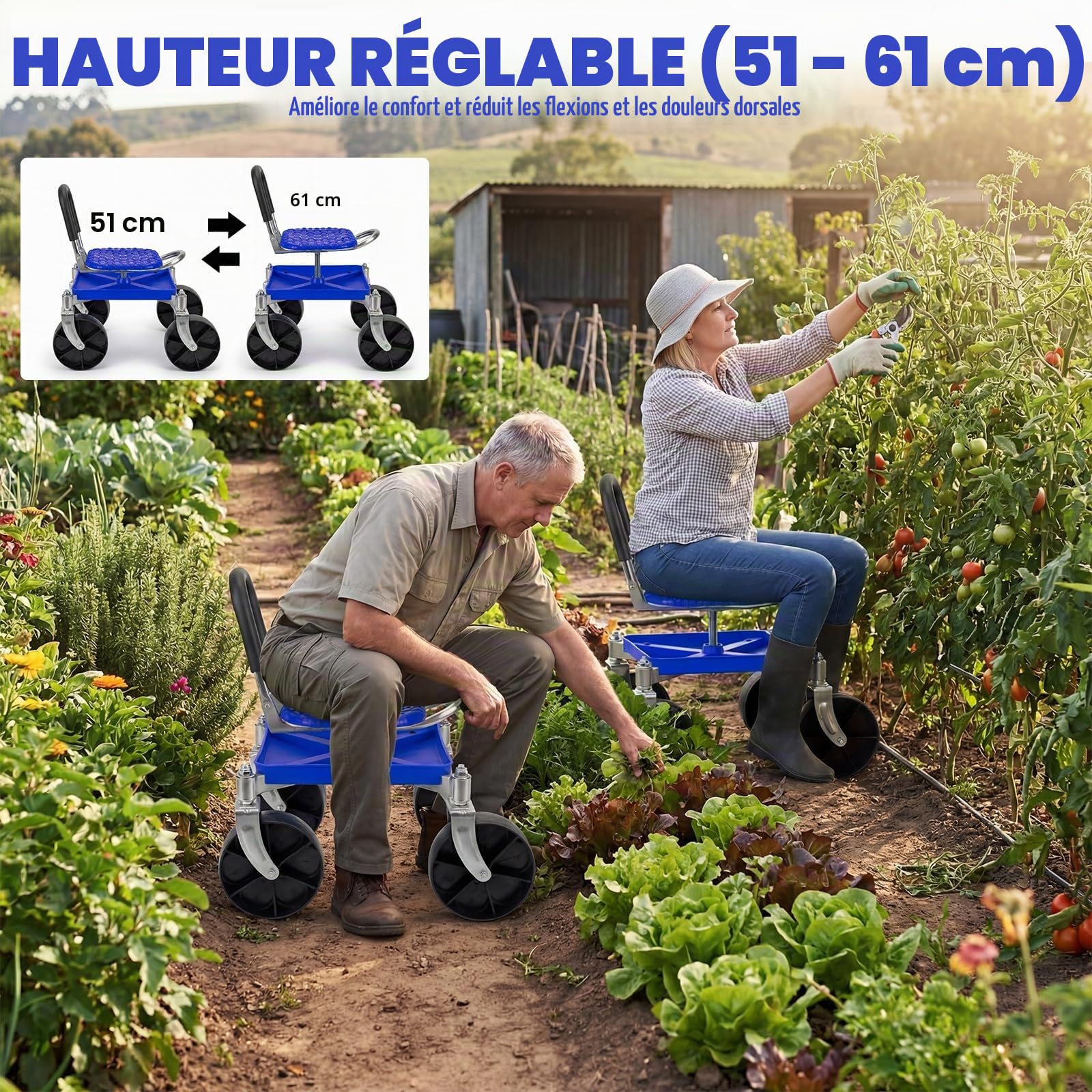 Tabouret de jardin à roulettes avec siège pivotant à 360° et roulettes pivotantes à 360 ° - Charge maximale : 150 kg - Hauteur réglable (51 à 61 cm) - Siège de jardin avec gants pour désherbage