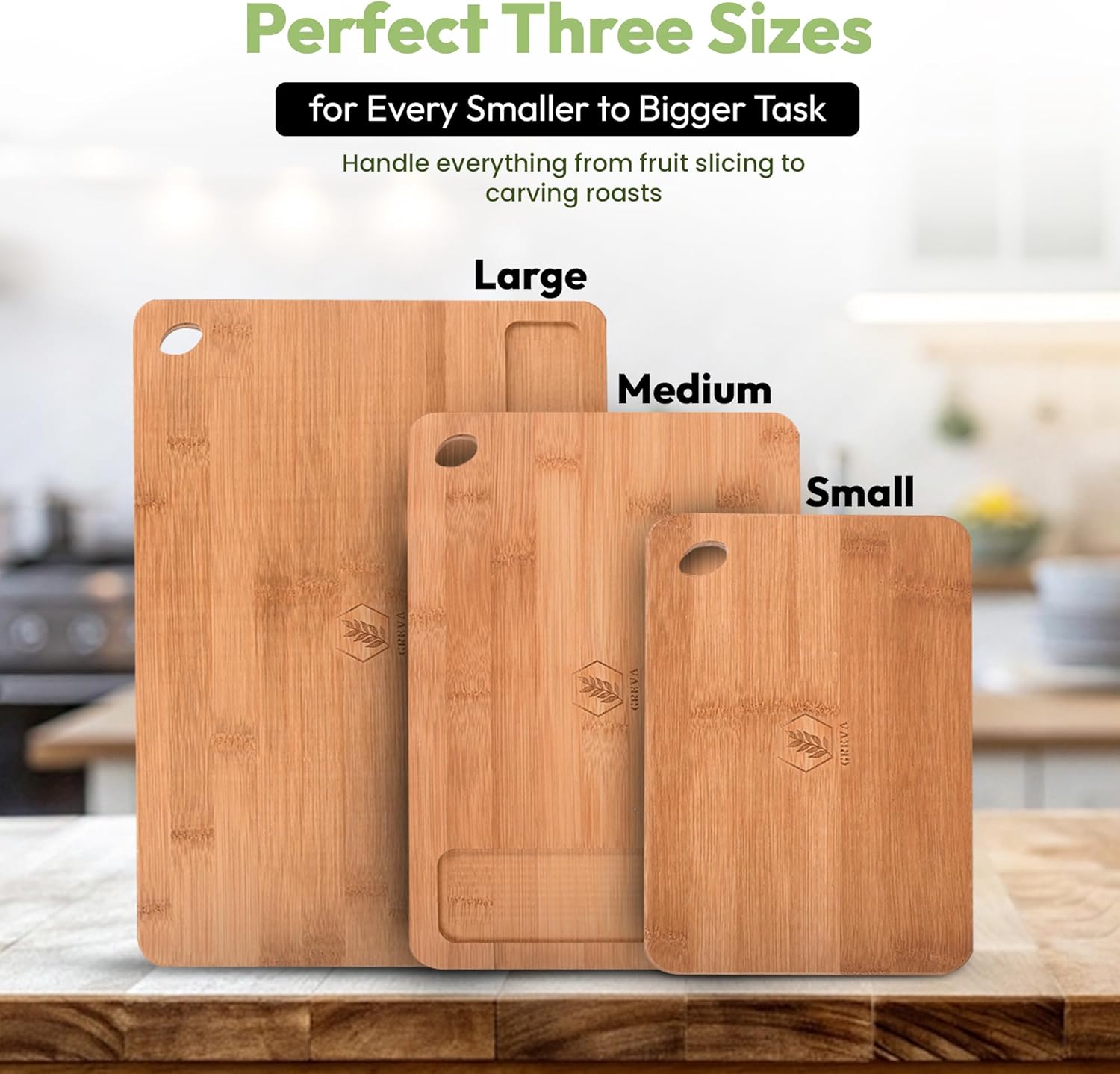 GREVA 3-Piece Premium Bamboo Cutting Board Set with Juice Grooves & Non-Slip Feet | XL, M, S Wood Chopping Boards for: Meat, Vegetables & Charcuterie | INCLUDES 3-in-1 Kitchen GREVA wooden cutlery Set