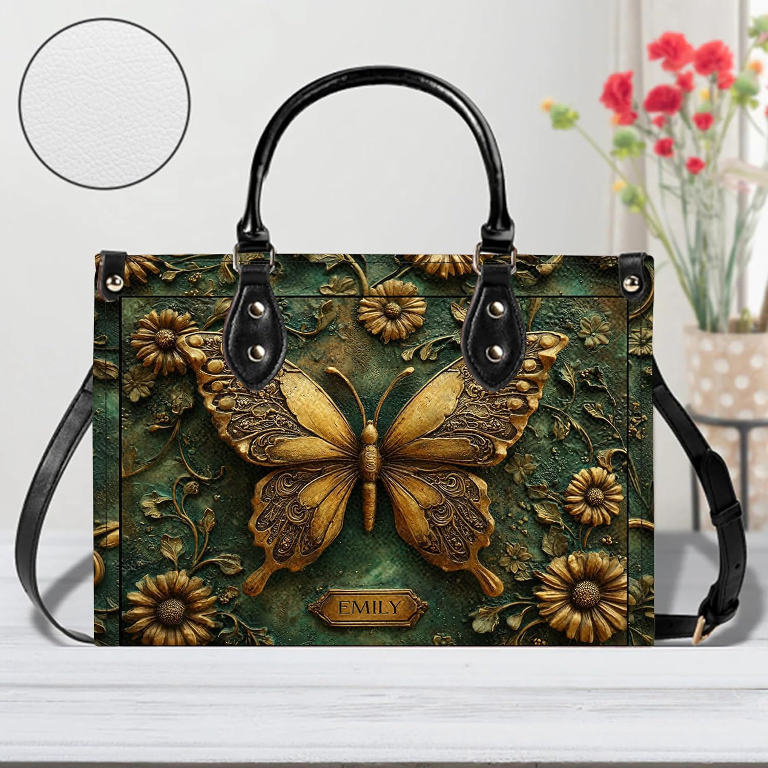 Personalized Butterfly Leather Handbag – Gothic Moon Bag with Adjustable Strap and Matching Witchcore Purse for Women - Image 3