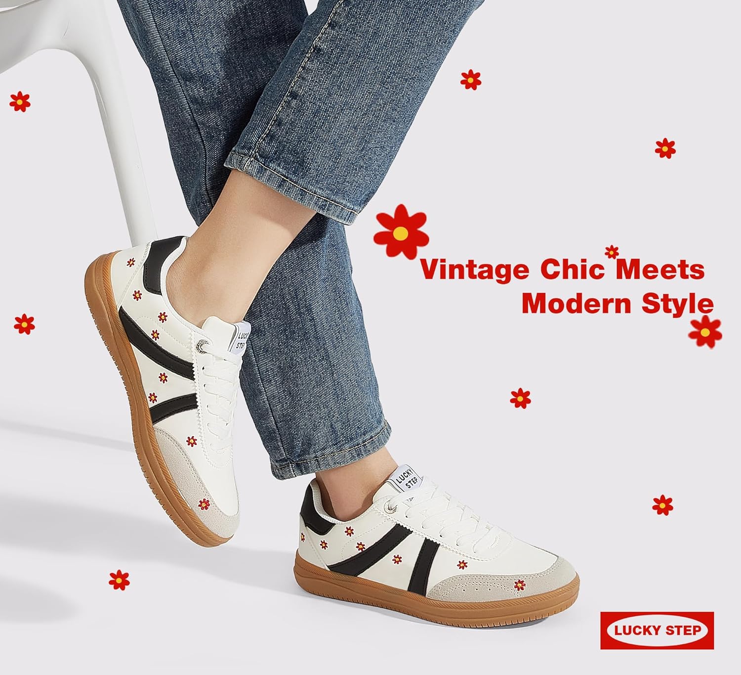 LUCKY STEP Women Classic Retro Tennis Sneakers Fashion Gum Sole Skate Casual Walking Shoe Anti Slip Floral Embroidery Comfortable Trainers - Image 6