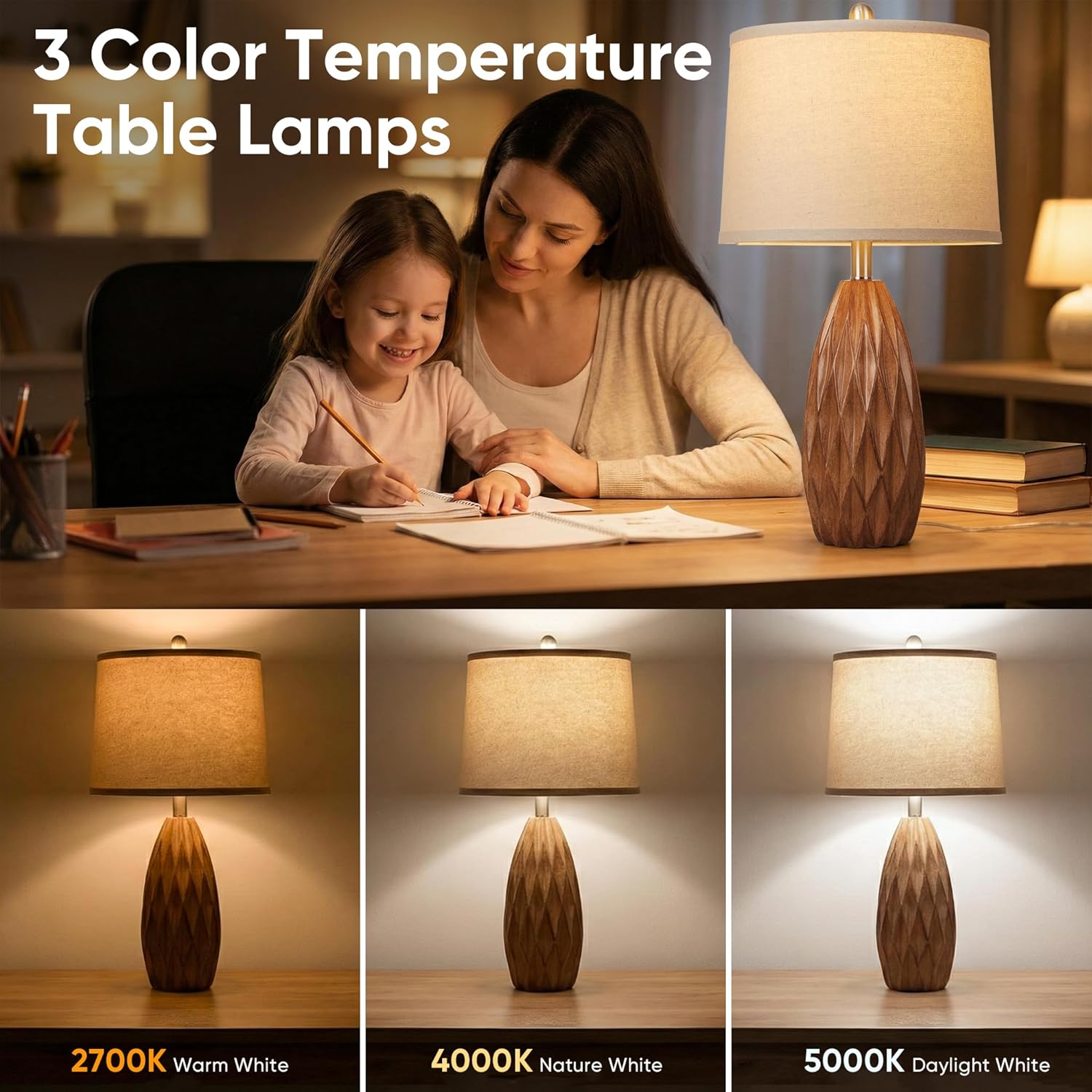 Wood Grain Color Resin Table Lamp, Modern Table Lamp for Living Room, Bedside Lamp Set of 2, Bedroom Lamp for Nightstand with Linen Shade, Diamond-Shaped Lamp Body,Desk Lamp for House (Bulbs Included)