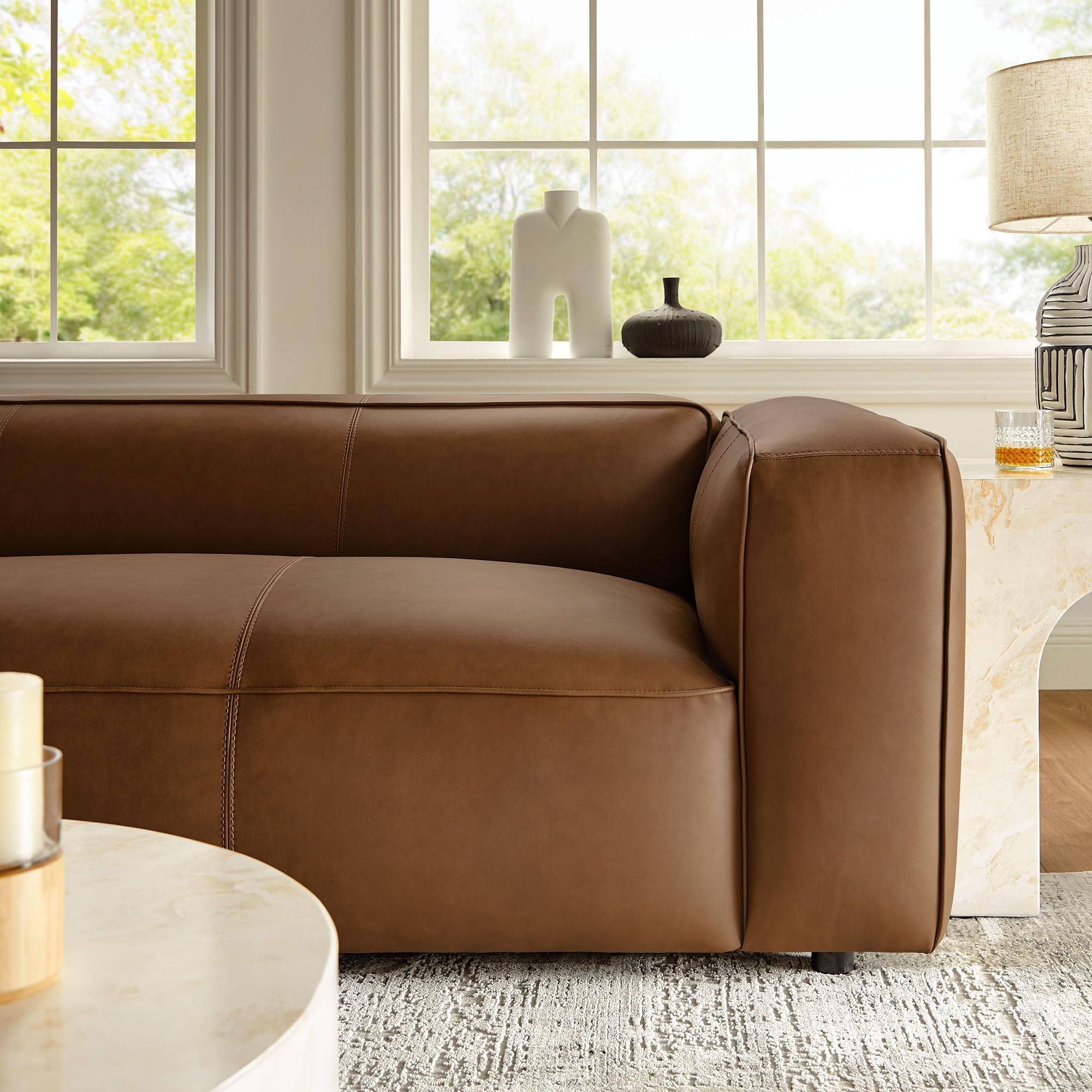 Best Modern Leather Sofa Picks for 2026 4 Modway Auren Vegan Leather Sofa in Coffee - Faux Leather Couch - Comfy Modern PU Leather Sofa - Oversized Mid Century Mo — product photo
