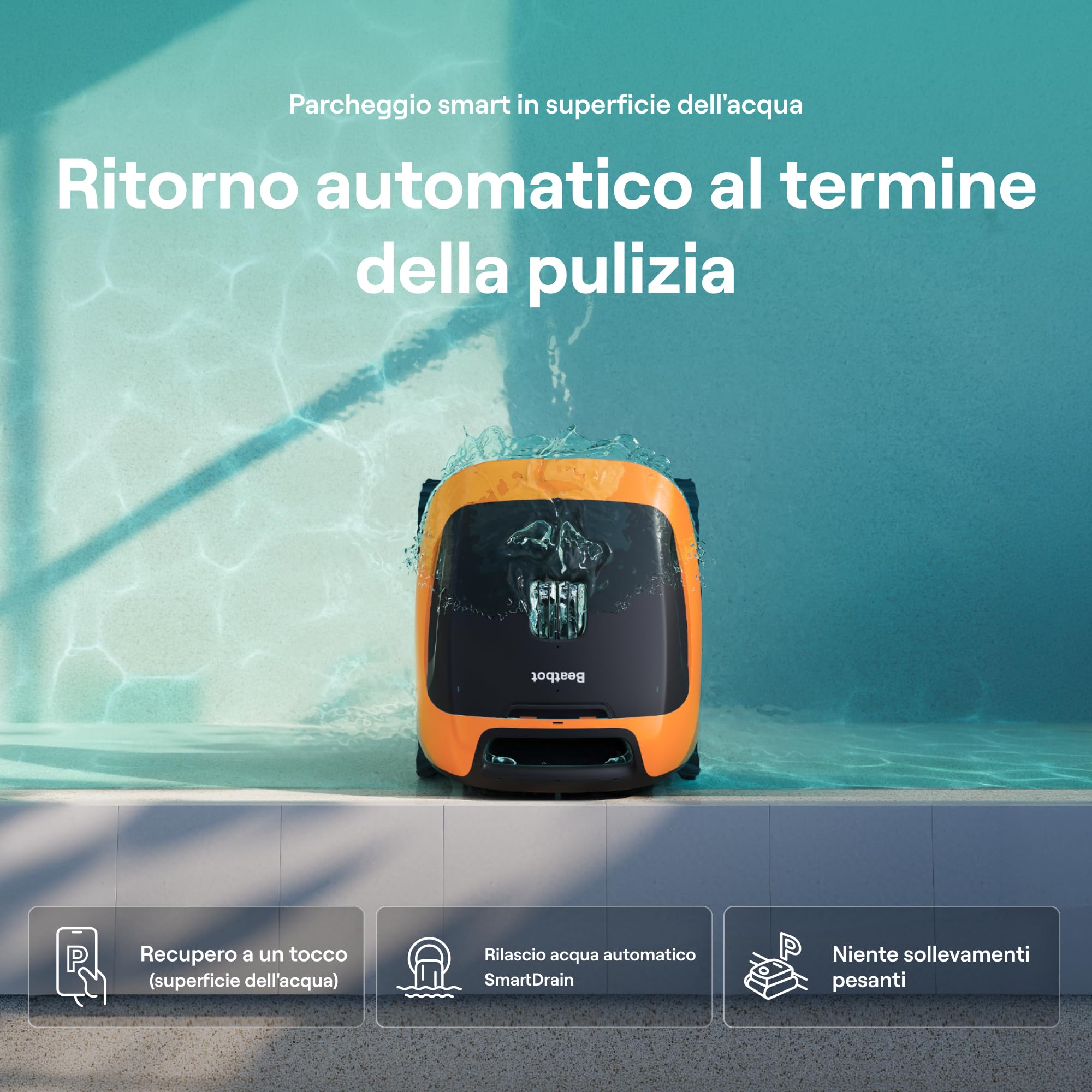 Beatbot Sora 30 Robot Piscina pareti e Fondo, Linea d'Acqua,Orange | Pareti e Fondo, Linea d'Acqua,Piattaforme,Robot Piscina Senza Fili,Parcheggio in Superficie, App, Filtrazione ultrafine, 5L