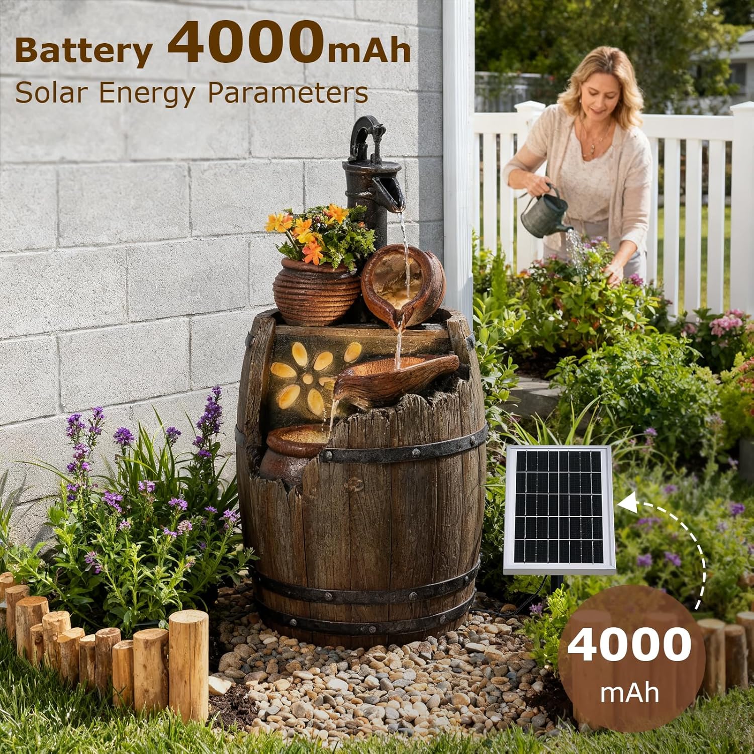 29" Tall Solar Water Fountain Outdoor Garden, 4-Tier Rustic Barrel Pump Solar Powered Water Fountain Cascading Waterfall with LED Lights for Patio, Backyard, Porch