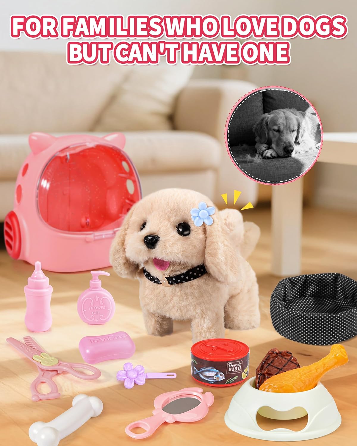 23 Pcs Walking Dog Toy for Kids 3-5 5-7, Electronic Interactive Puppy with Carrier & Leash, Realistic Barking Wagging Tail Plush Dog, Pretend Play Birthday Gifts for Girls 4 6 8 Year Old - Image 6