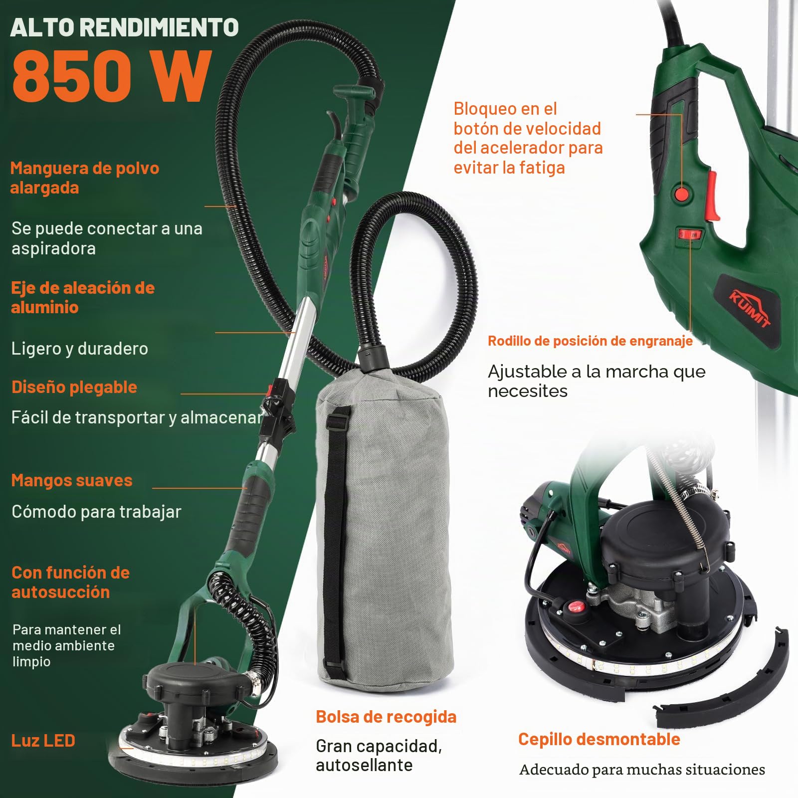 Lijadora de Pared, 850W Lijadora Eléctrica con 12 Discos de Lijado, 6 Velocidades Variables 800-1750 RPM, con Mango Extensible, Luz LED, Manguera Larga para Polvo y Bolsa de Almacenamiento