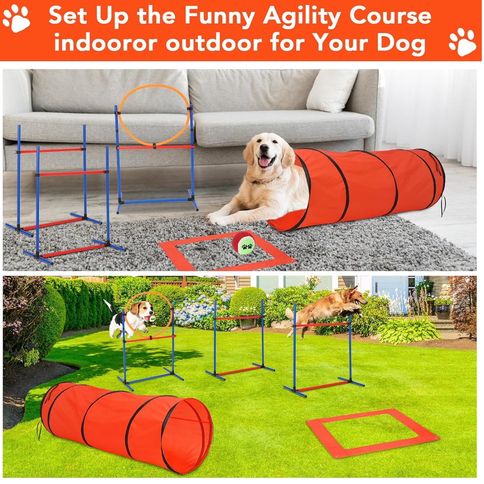 Hundetrainingsgerät-Set mit Tunnel-Reifenspring-Hürdengeflechtstangen für Indoor-Outdoor-Hinderniskursspiele