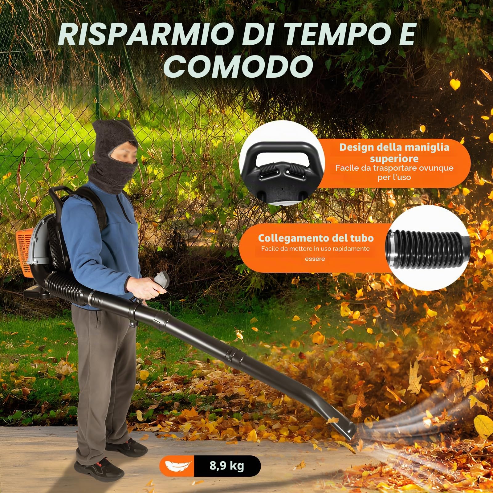 Soffiatore a scoppio 63 cc, 2 tempi, 2.7kw Backpack Leaf, Soffiatore per Foglie a Benzina, Soffione Foglie Professionale, per la Schiena, 3,6 ps