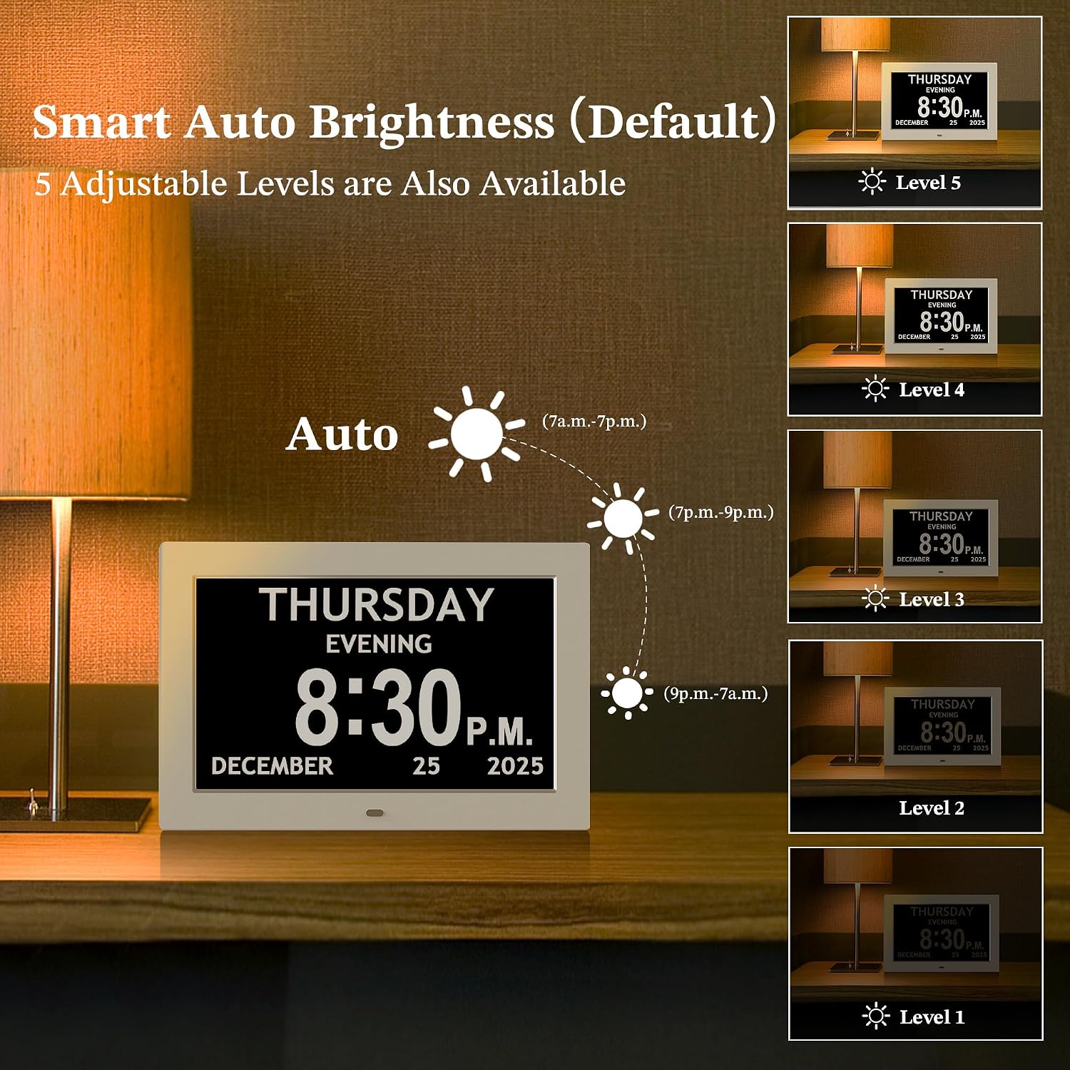 Digital clock showing different brightness levels and auto-dimming feature