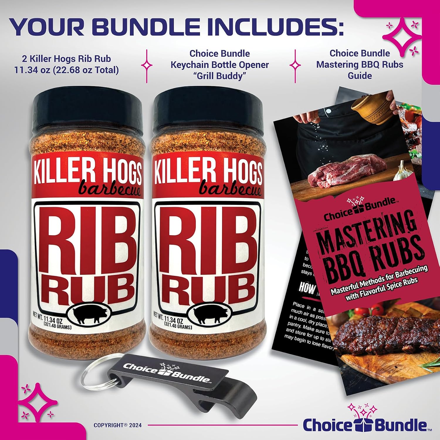 Killer Hogs Rib Rub Premium BBQ Barbecue Spice Seasoning 2 pk (22.68 oz) + Guide & Bottle Opener (4 Items)!