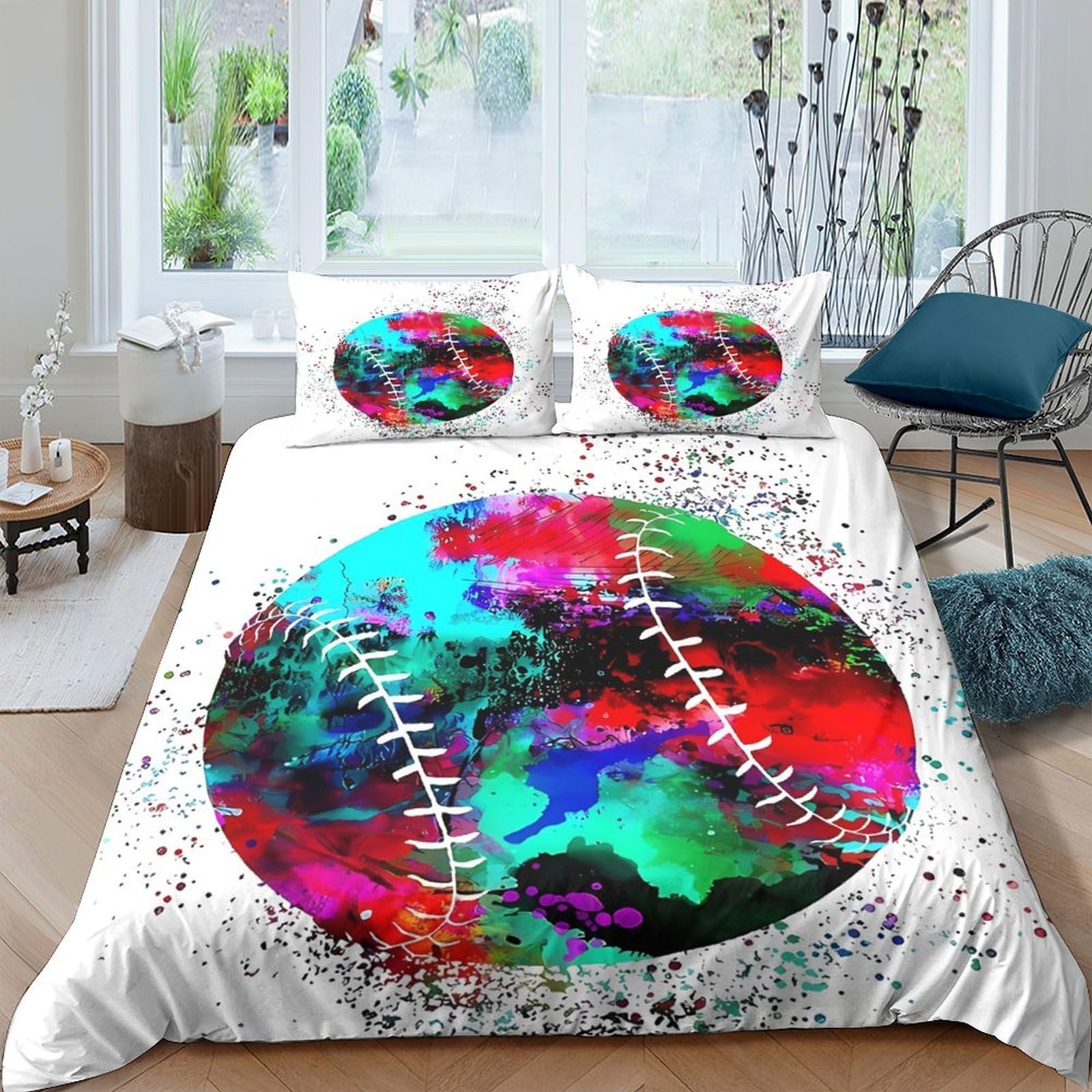 GPLZQXKJNH 3D Printed Colorful Baseball Duvet Cover Microfiber Soft Breathable Graffiti Bedding Set with 2 Pillowcases for Bedroom Decor Single（135x200cm）