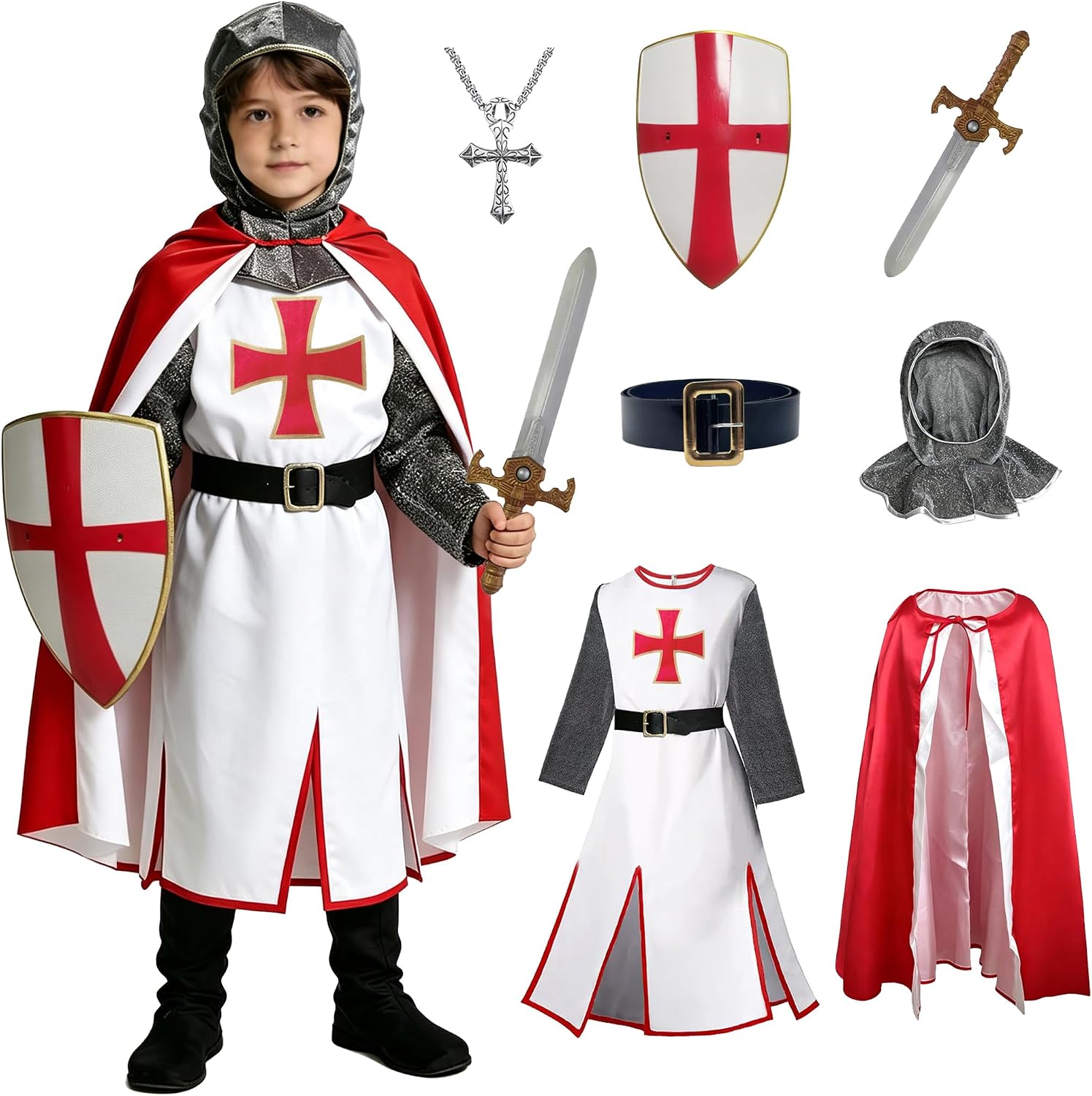 Akokvlar 7 Pcs Kids Medieval Crusader Boys Knight Renaissance Costume