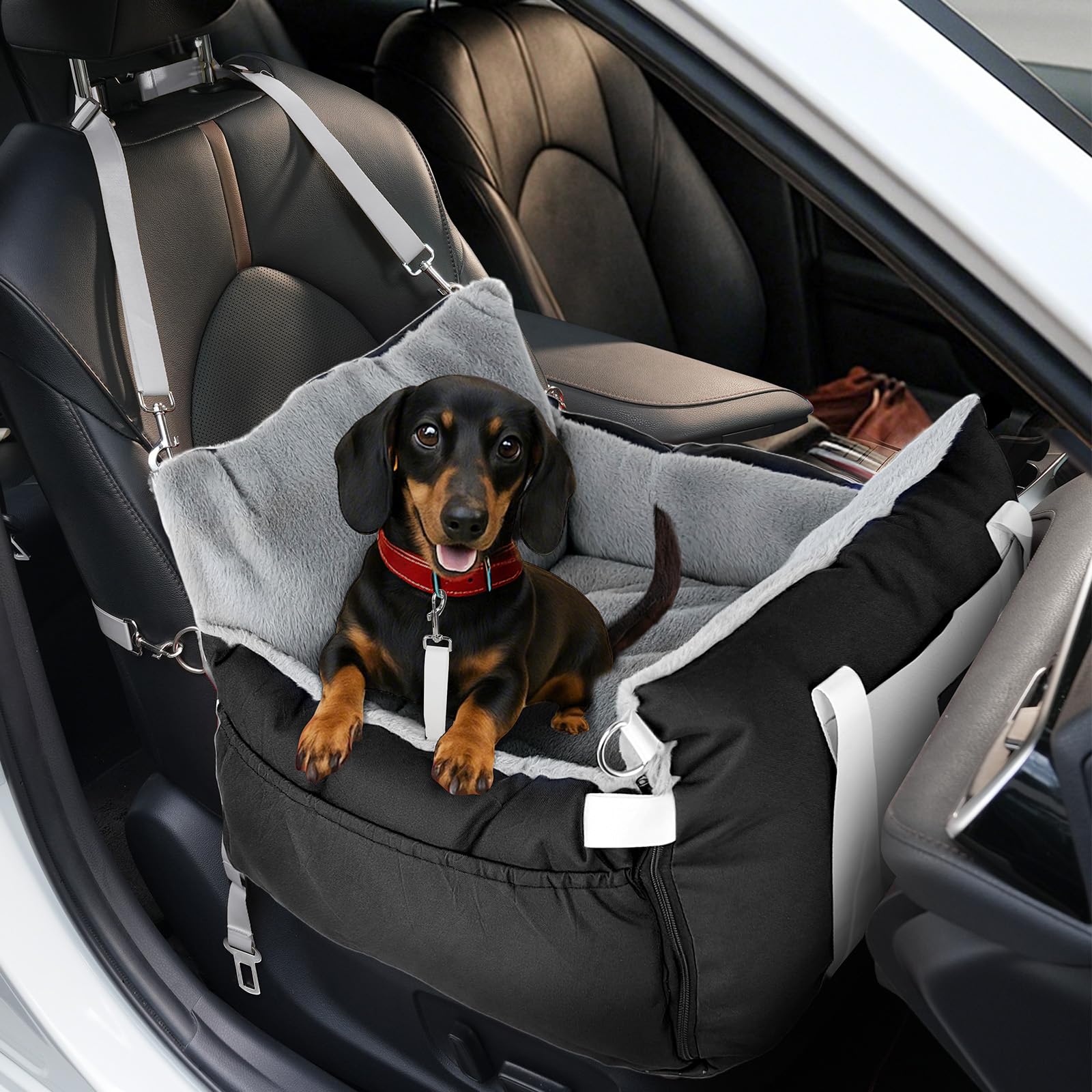 SIVES Dog Car Seat for Small Dogs, Soft Booster Seat Travel Bed with Side Flaps, Non-Slip Base, Seat Belt Straps + Safety Tether, Storage Pocket, Washable Cushion, Recommended Up to 33 lbs, Black