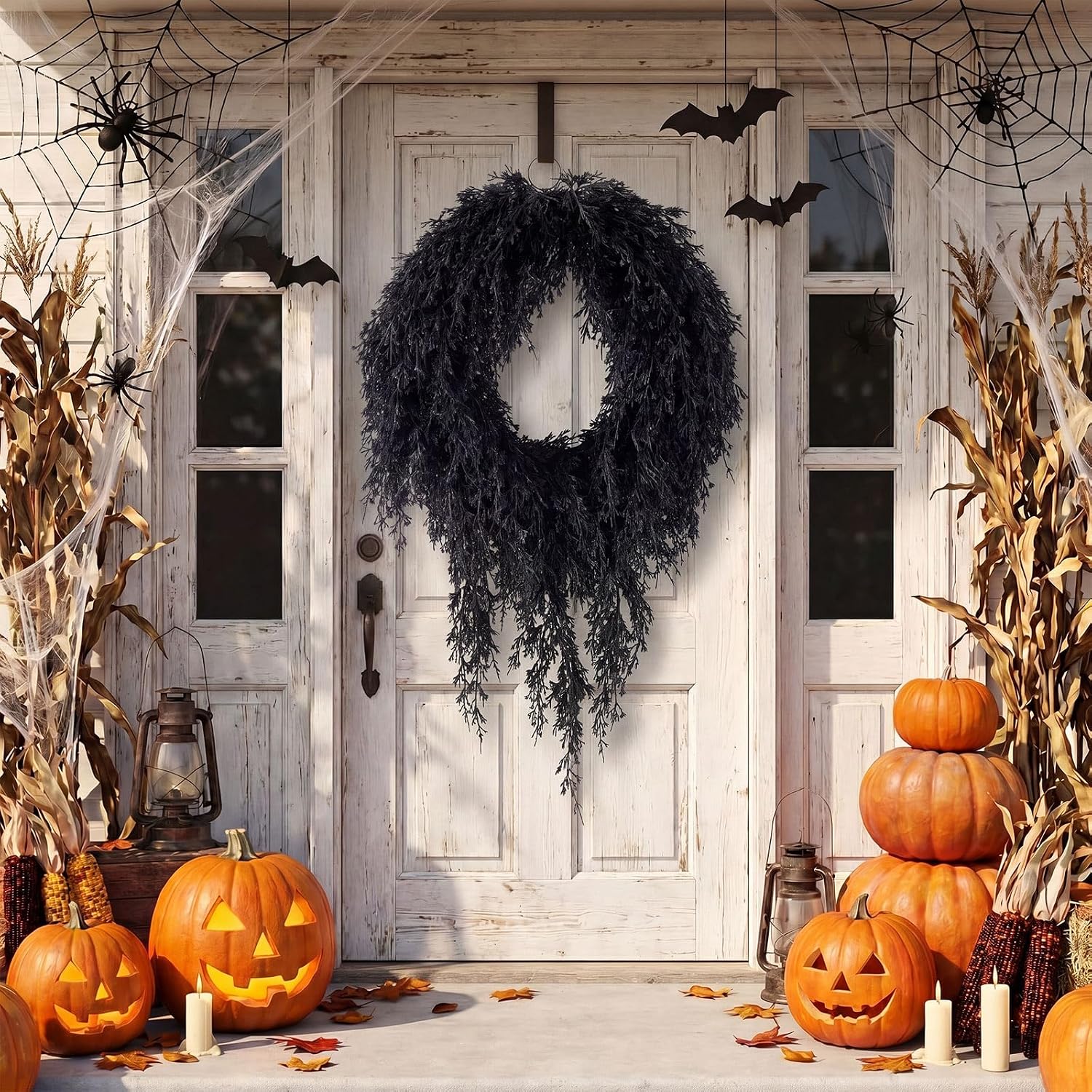 Suncalla 20" Black Halloween Artificial Wreath, Cedar Wreath