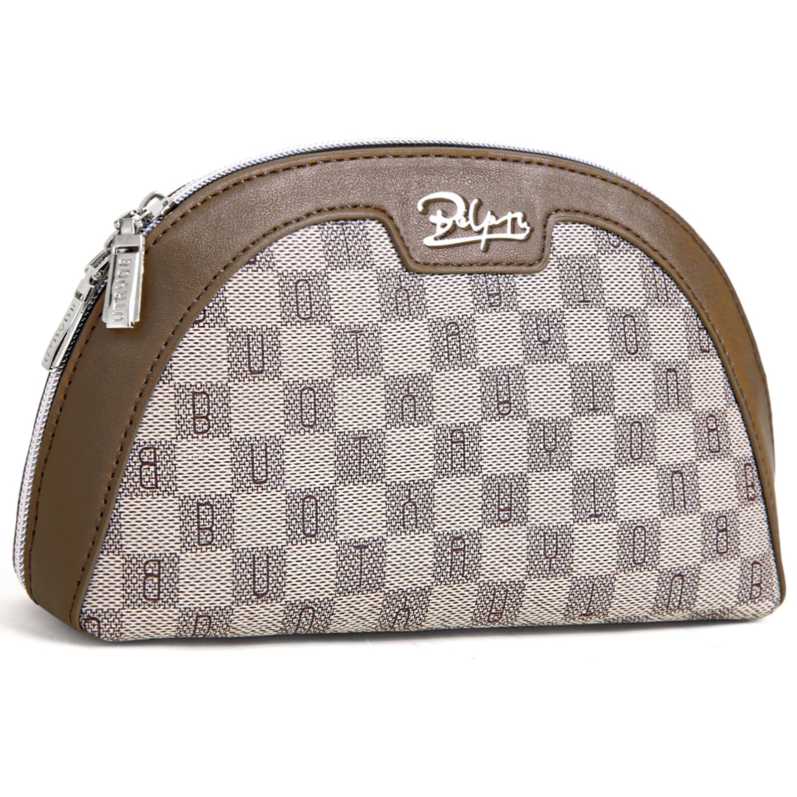 BOYATU Small Travel Makeup Bag for Women: Elegant Vegan Leather Cosmetic Pouch for Purse - Waterproof Toiletry Bag with Mirror(023-Light Brown)