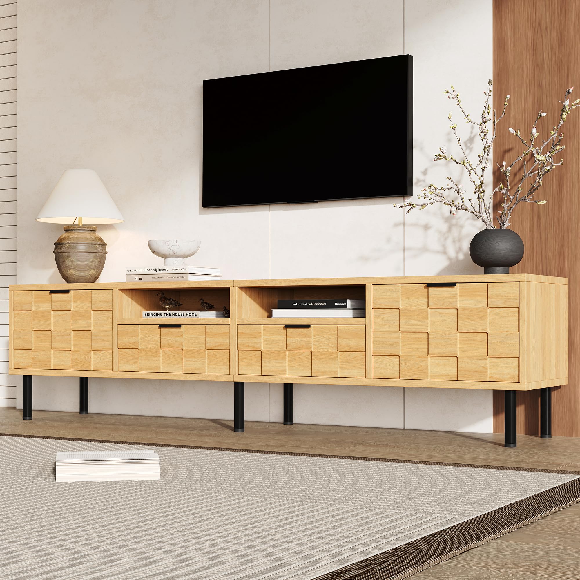 Gecheer TV Lowboard 200x35x44,5cm mit Schubladen Flügeltüren Naturholz