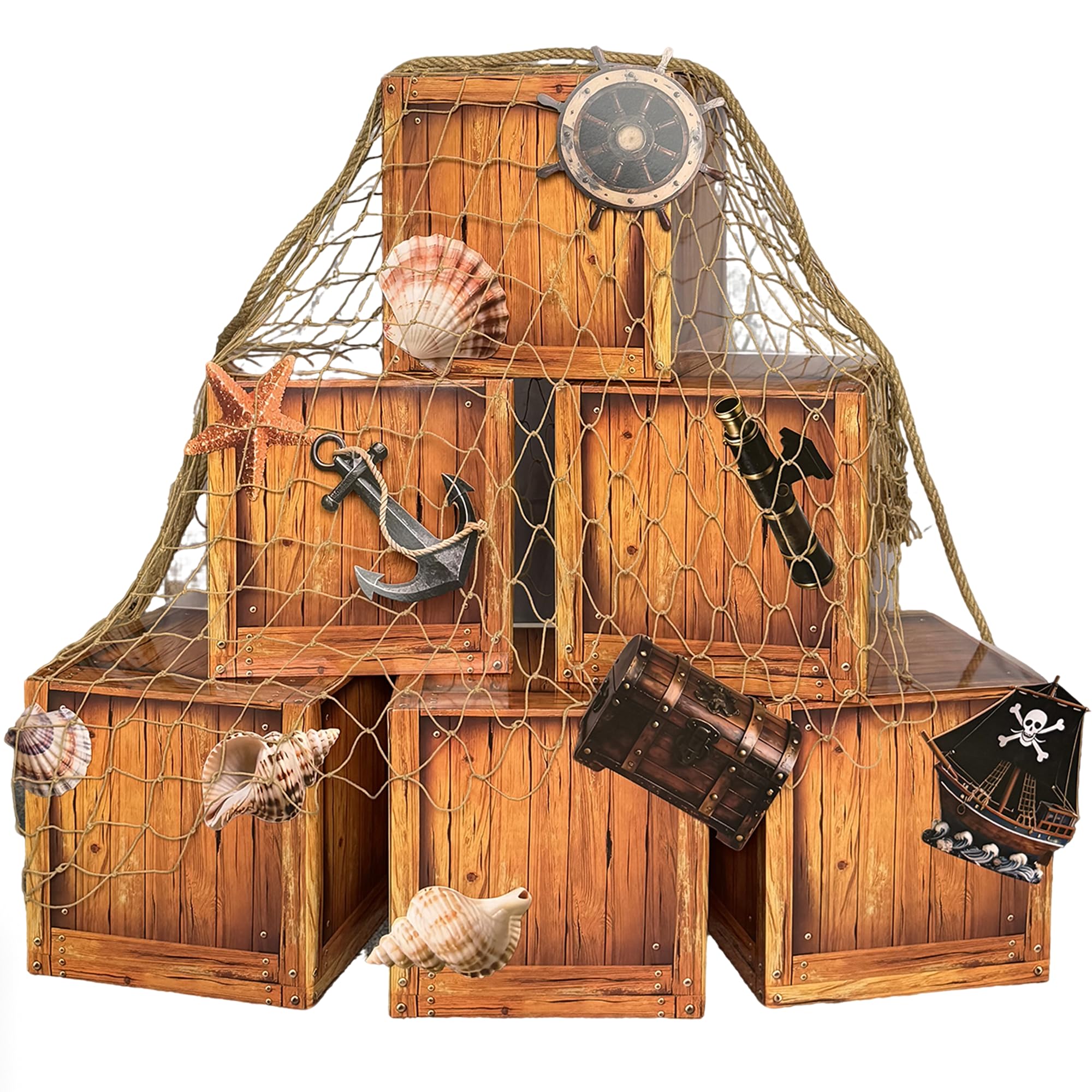 Photo 1 of 18 Pcs Pirate Party Decorations Imitation Wooden Box Fishing Net Trunk or Treat Car Decorations Kit for Gasparilla Style Pirate Decor Ocean Adventure Birthday Photo Booth Props