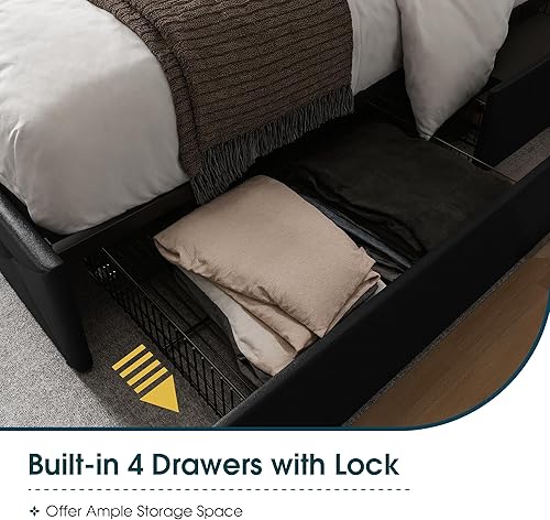Miniatura 29 de WEEWAY Base de cama de plataforma tamaño Queen con 4 cajones de almacenamiento, cabecera capitonada con botones de costura de diamante, base de