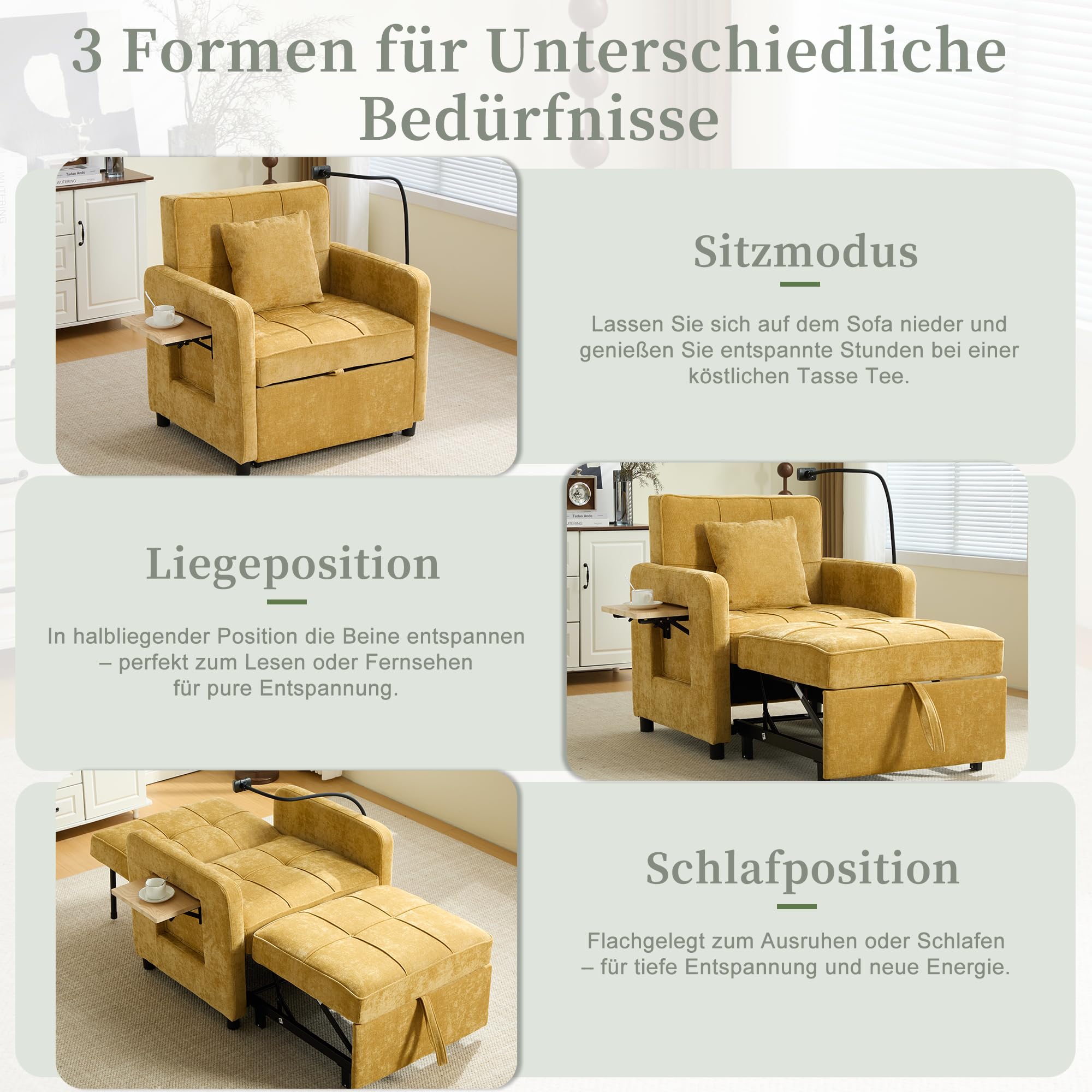 Sofá cama individual multifuncional de chenilla, sofá plegable con función de dormir, silla de sofá con mesa auxiliar pequeña y bolsa de almacenamiento, para salón y dormitorio, color amarillo