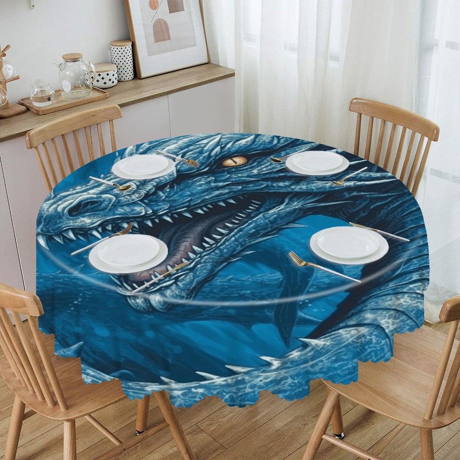 VstaDank Dragon Cool Blue Round Tablecloth Premium Polyester Table Cloth Heavy Duty Washable Fabric Tablecloth Waterproof Holiday Table Cover Decorative Tablecloths for Dining 60"