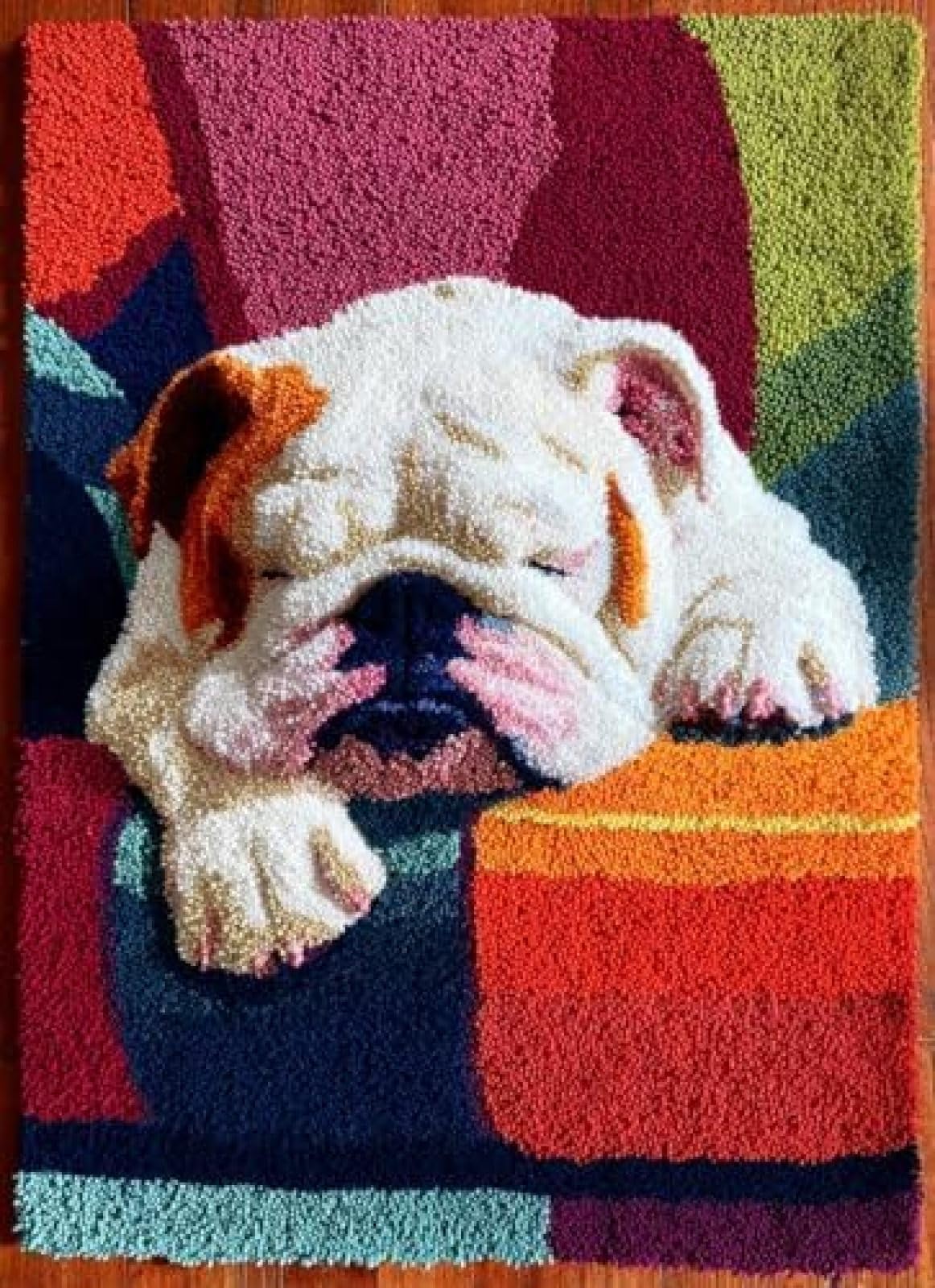 XDEGHUANGSS Latch Hook Rug Kit English Bulldog Dog Puppy Sleeping On Sofa with Pre-Printed Mat Cover DIY Cushion Crochet Yarn Hooking Craft Set for Floor Decor 38x52cm-4