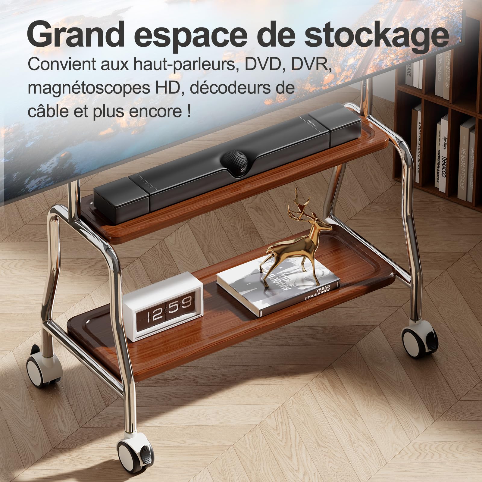 Chevalet de télévision mobile à roulettes pour écrans plats LCD LED OLED de 32 à 75 pouces, en acier inoxydable avec roulettes, 50 kg, VESA 600 x 400 mm (étagère de rangement en bois double couche
