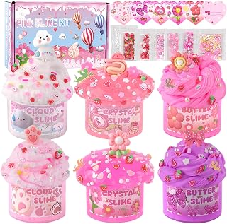 LAWOHO 6-Pack Pink Picnic Slime Kit for Girls 8-12: Cloud, Butter & Clear Slimes with 8 Charms, Kids Party Favors & Birthday Gifts