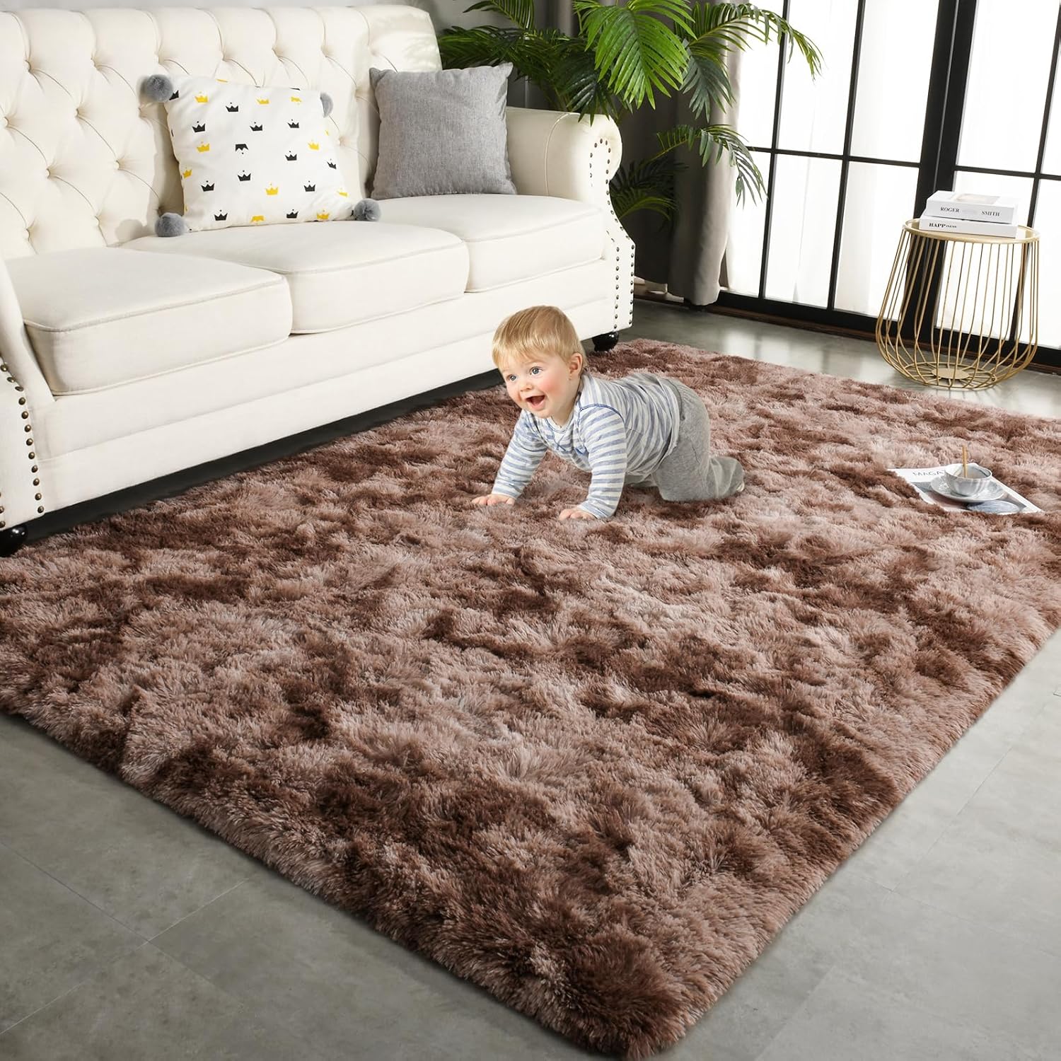 TWINNIS 5x8 Large Shag Area Rugs for Living Room Bedroom, Tie-Dye Brown Indoor Super Soft Fuzzy Plush Rugs, Upgrade Anti-Skid Modern Furry Rugs Fluffy Carpets for Kids Room Nursery Home Decor