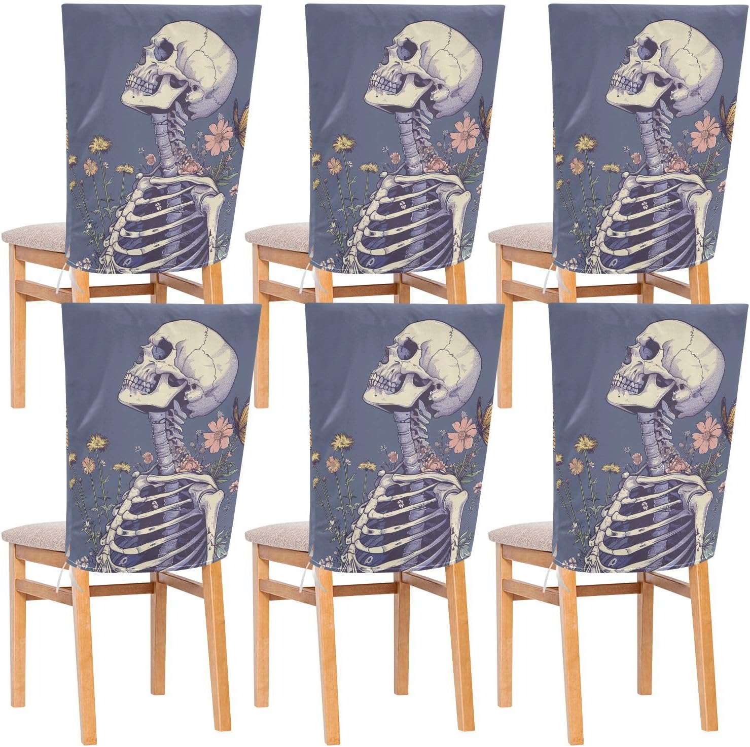 ALAZA Skeleton and Butterfly Pink Flowers Chair Back Cover Set of 6, Washable Reusable Removable Chair Slipcovers Decorative Chair Cover for Home Kitchen Wedding Party