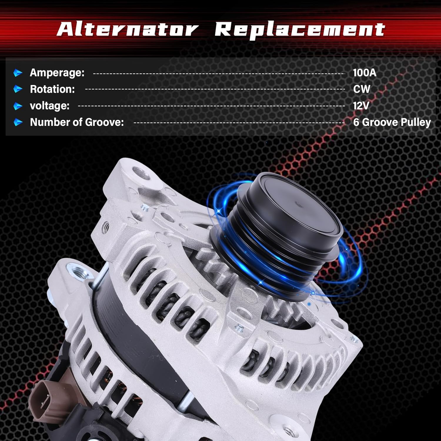 Alternator Replacement for Toyota Corolla 2009 2010 2011 2012 2013 1.8L, for Matrix Pontiac Vibe 2009 2010,6-Groove Clutch Pulley 11385, 12897, 270600T040, 0986CR6103, AL3370X