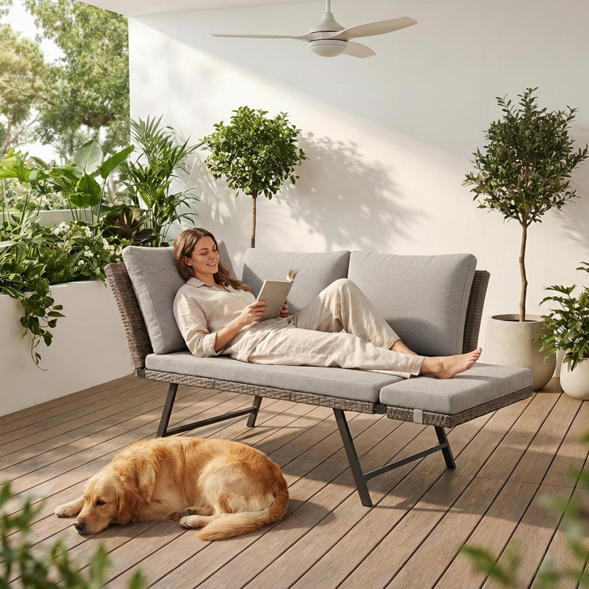 Lot de 2 Canapé de Jardin 2 Places en Poly Rottin avec Accoudoirs Réglables, Chaise Longue pour Terrasse Balcon Patio, Meuble de Jardin avec Coussins Lavables Beige