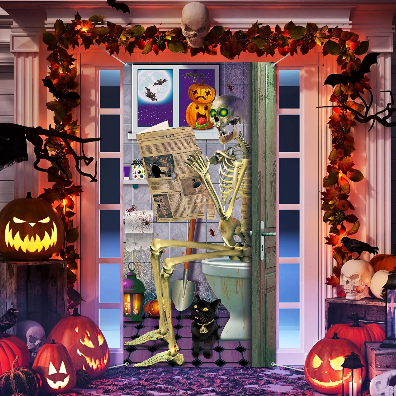 Halloween Bathroom Door Cover Skeleton Restroom Door Cover, 70.9 x 35.4 Inch Fabric