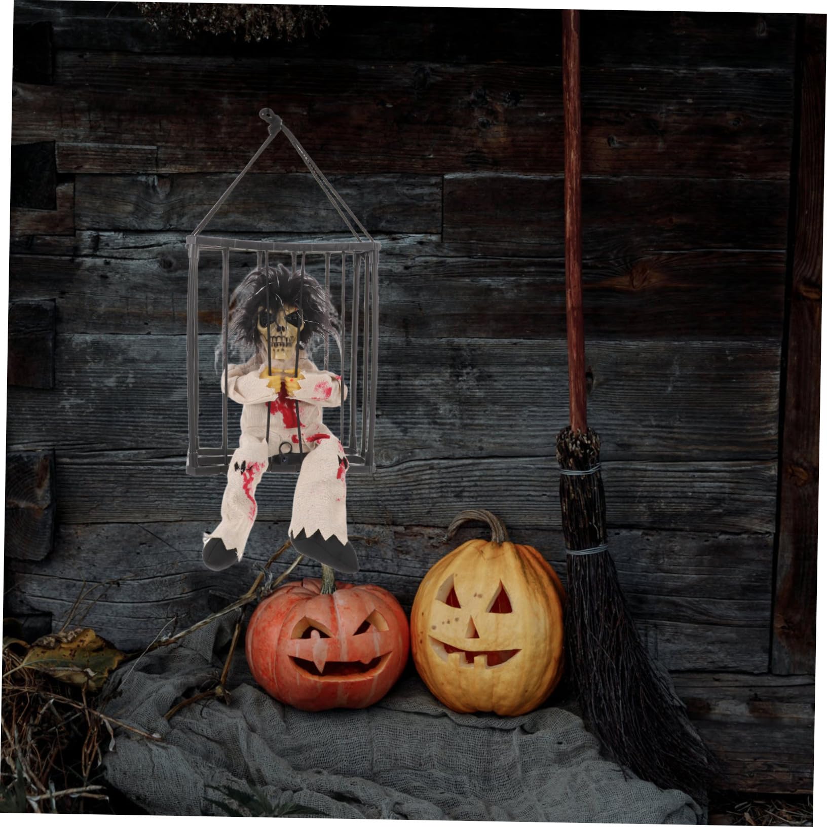 Decorazione Halloween Scheletro Animato con Sensore di Movimento Gabbia Fantasma Elettrica con Effetti Sonori Spaventosi e Stampa Leopardo Addobbo Horror da Appendere per Feste e