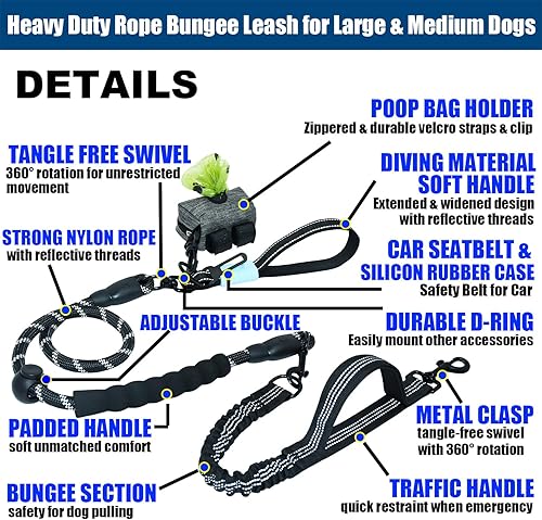Miniatura 3 de Correa resistente para perro sin tirones, elástica y giratoria sin enredos con costuras reflectantes, asas acolchadas y soporte para bolsa de