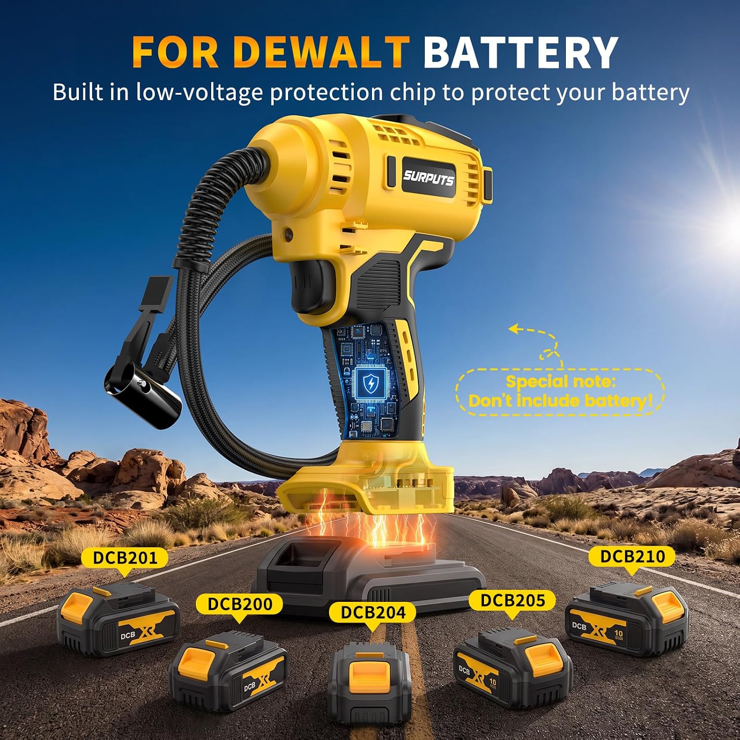 Tire Inflator Air Compressor Compatible with Dewalt 20V Battery, 150PSI Cordless Portable Air Pump with Digital Pressure & Auto Shut-Off, LED Light for Car Motorcycles Bike Ball (Tool Only)