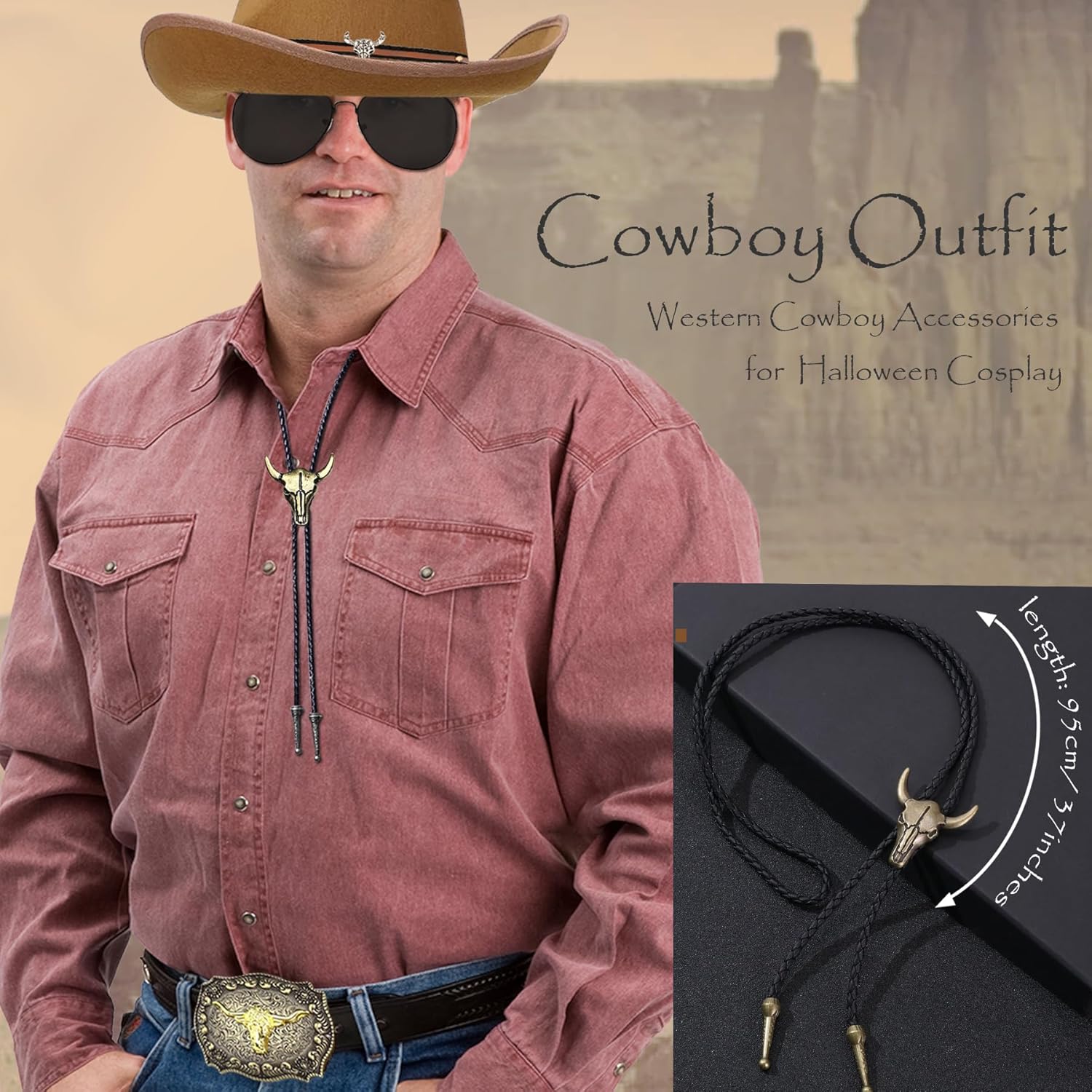 EIELO Cowboy Costume Outfit for Men Women Western Cowboy Hat Bolo Tie Buckle Belt Accessories Set for Halloween Cosplay Party - Image 6