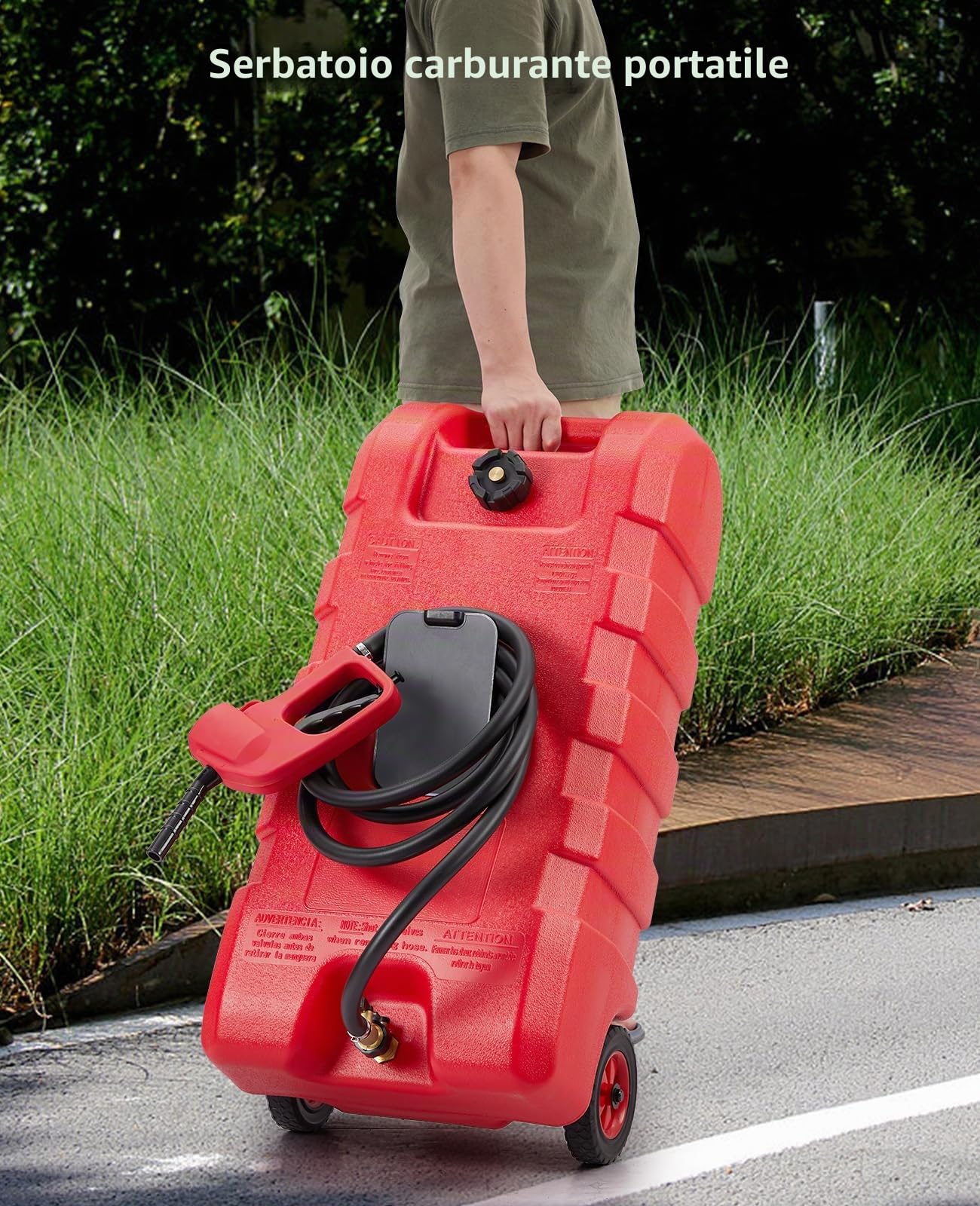 Serbatoio carburante portatile 57L con pompa a sifone manuale – tubo da 3 m e ugello per benzina/diesel, portata 7,5 l/min – Robusto serbatoio con valvola di chiusura e trasferimento rapido (rosso)