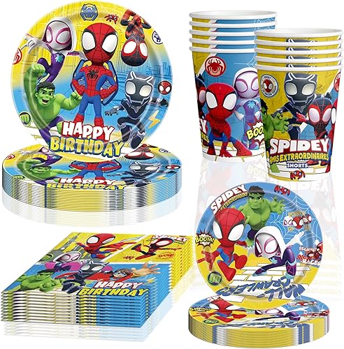Spidey and His Amazing Friends - Juego de decoraciones de cumpleaños con platos, servilletas, taza para Spidey y sus increíbles amigos, suministros